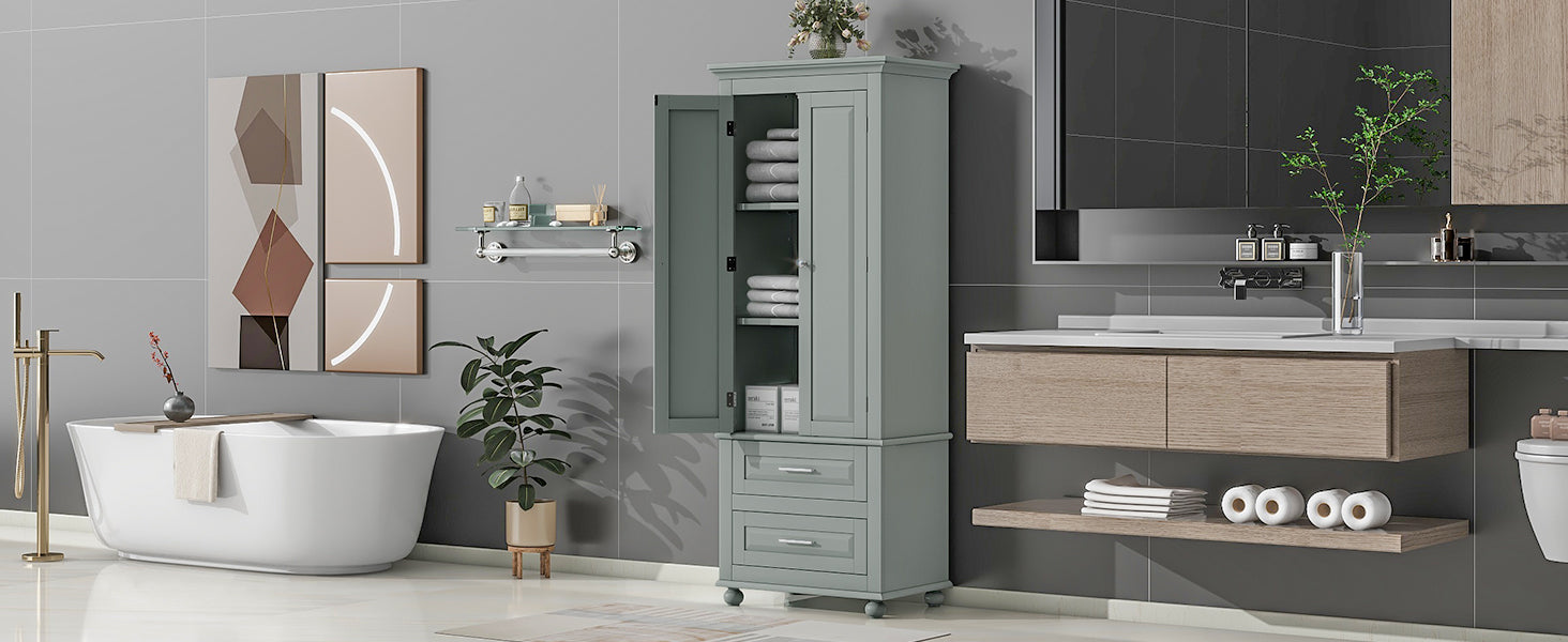 Tall Storage Cabinet With Two Drawers For Bathroom Office, Grey Grey Mdf