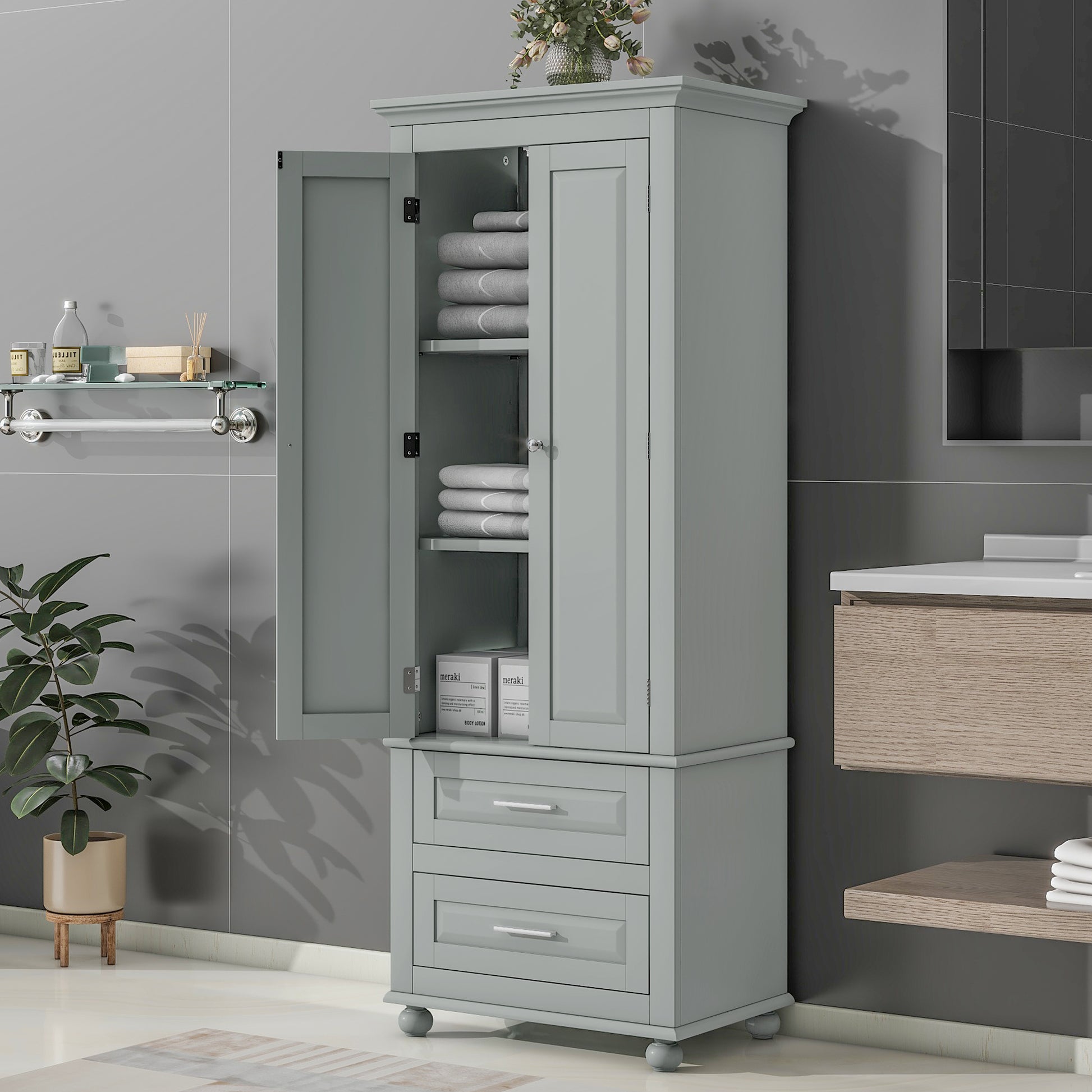 Tall Storage Cabinet With Two Drawers For Bathroom Office, Grey Grey Mdf