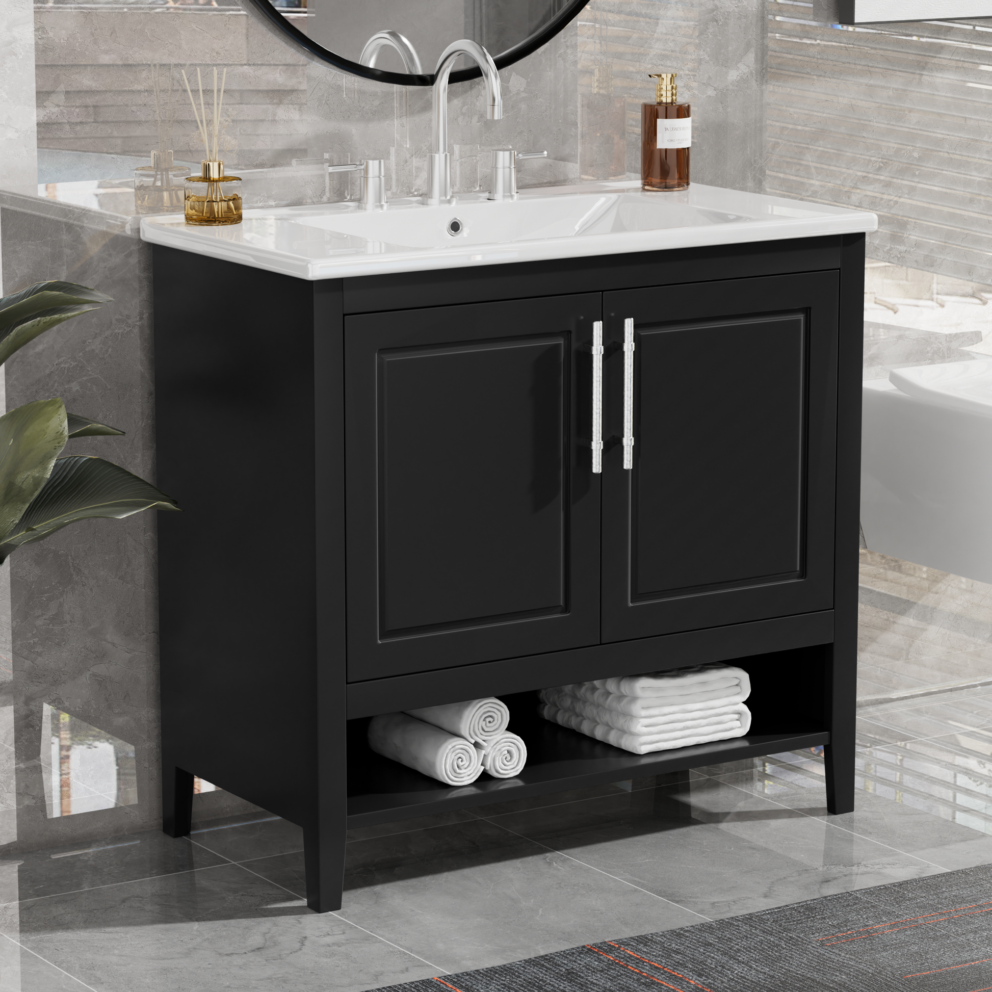 36" Bathroom Vanity With Sink, Multi Functional Bathroom Cabinet With Doors And Drawers, Mdf Frame And Mdf Board, Black Black Solid Wood Mdf