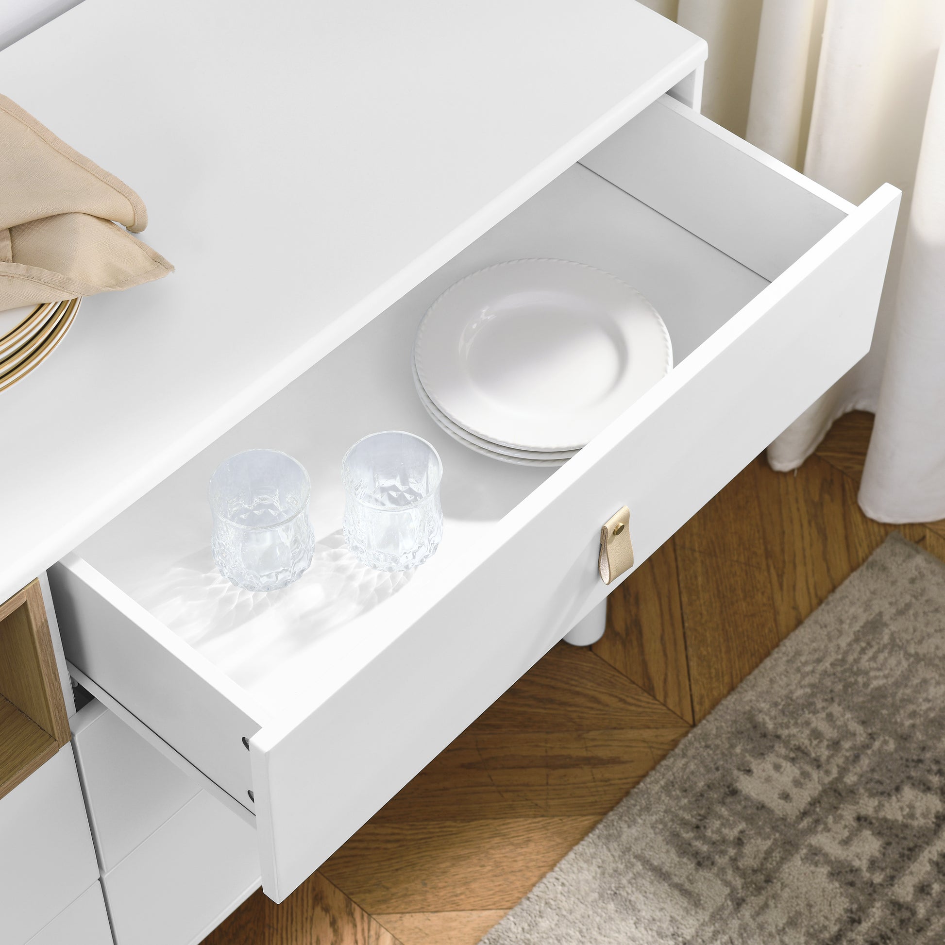 With 5 Drawers Storage Cabinet Drawer Cabinet Multifunctional Storage Cabinet Modern Drawer Cabinet Wooden Storage Cabinet Leather Handle Drawer Cabinet Home Storage Cabinet Office Cabinet White Solid Wood Mdf