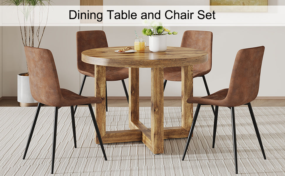 A Modern And Practical Circular Dining Table. Made Of Mdf Tabletop And Wooden Mdf Table Legs.A Set Of 4 Brown Cushioned Chairs In A Modern Medieval Style Restaurant. Ct 403B0502A Natural Wood Mdf