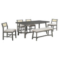 6 Piece Retro Farmhouse Style Dining Set, Rectangular Table And 4 Upholstered Chairs With Rattan And Bench For Dining Room And Kitchen Gray Gray Solid Wood Mdf