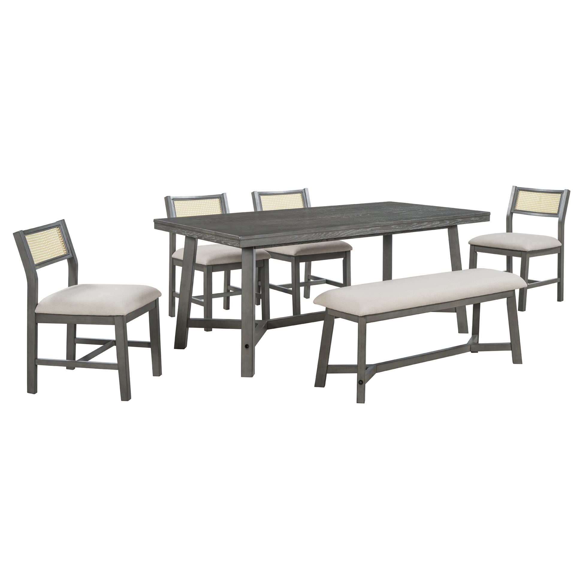 6 Piece Retro Farmhouse Style Dining Set, Rectangular Table And 4 Upholstered Chairs With Rattan And Bench For Dining Room And Kitchen Gray Gray Solid Wood Mdf