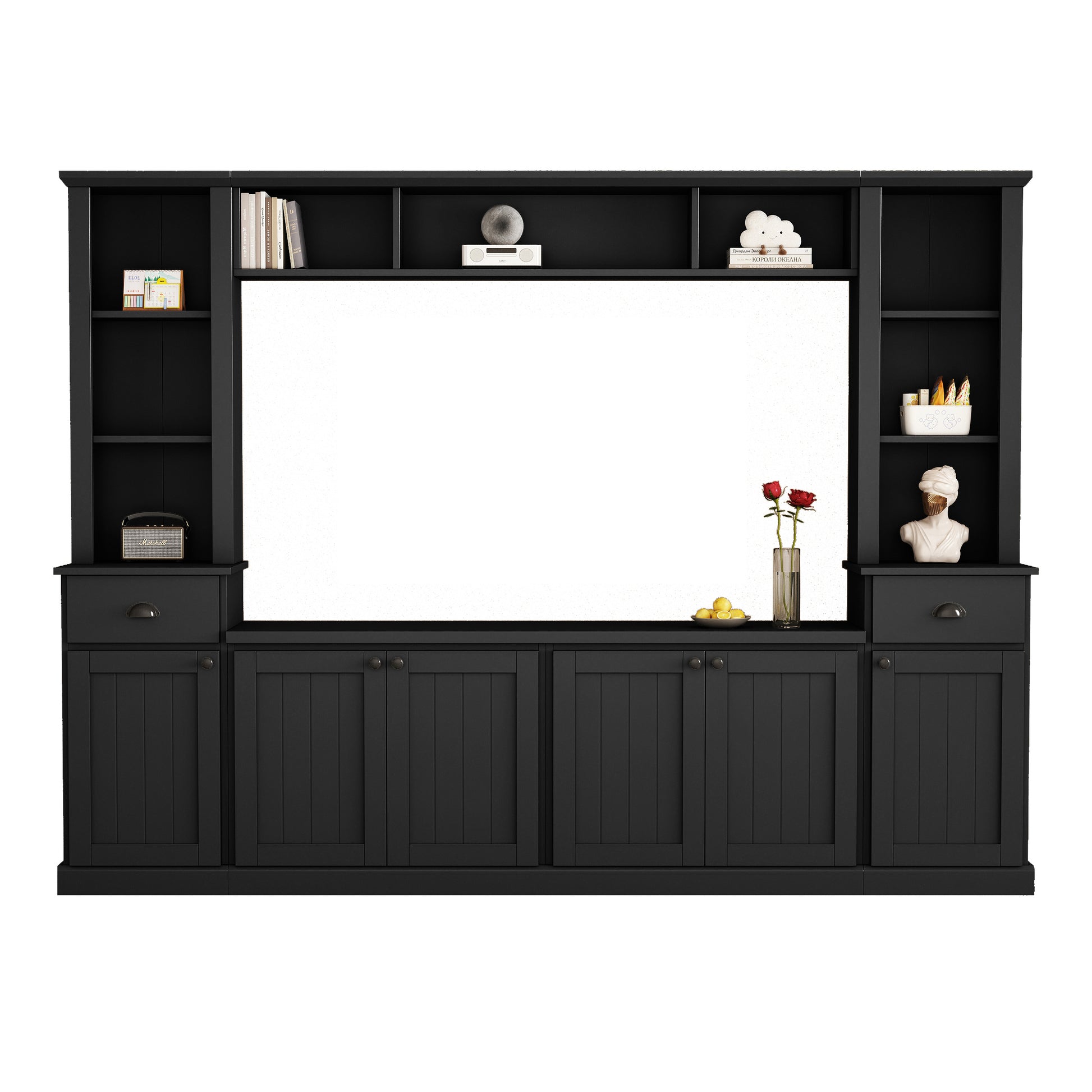 Minimalist Entertainment Wall Unit Set With Bridge For Tvs Up To 75'', Large Storage Space Tv Stand With Adjustable Shelves, Modernist Large Media Console For Living Room, Black Black Primary Living Space 70 79 Inches 70 79 Inches 75 Inches Particle