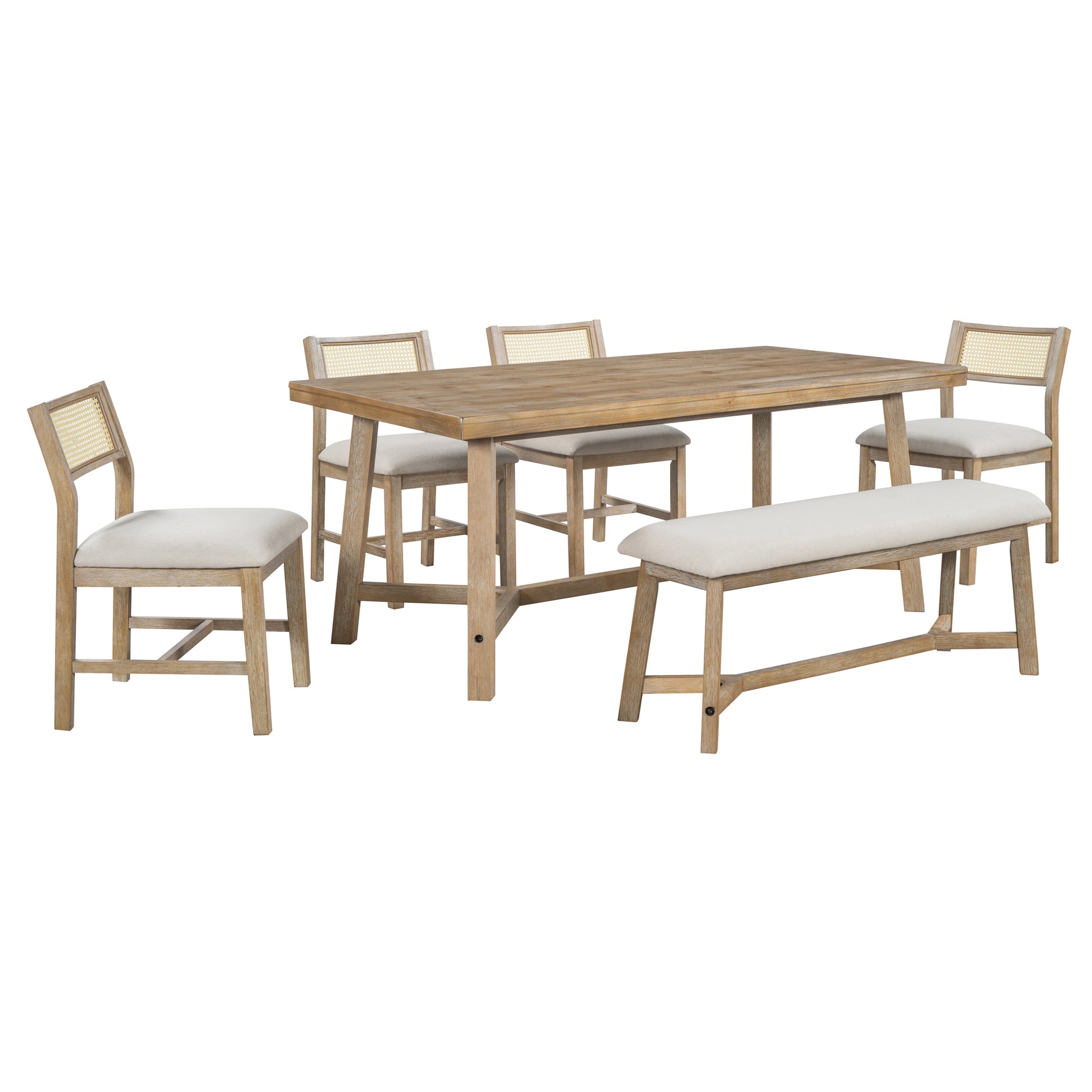 6 Piece Retro Farmhouse Style Dining Set, Rectangular Table And 4 Upholstered Chairs With Rattan And Bench For Dining Room And Kitchen Natural Wood Wash Natural Wood Wash Solid Wood Mdf