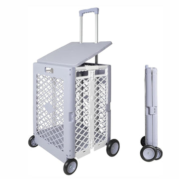 55L Foldable Rolling Cart With Wheels, Portable Updated Utility Tools With Lid Rolling Crate W Telescopic Handle, Gray Gray Polypropylene