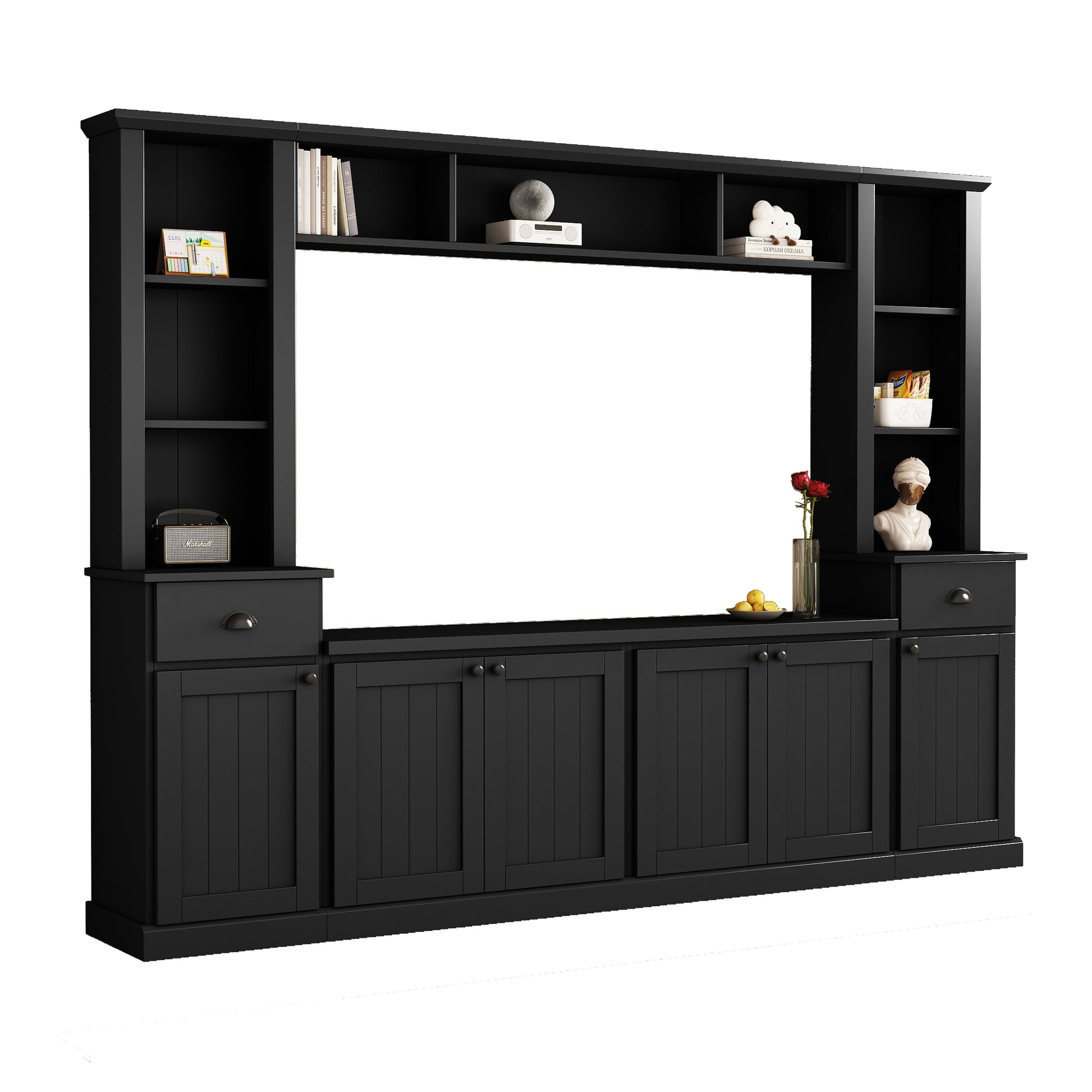 Minimalist Entertainment Wall Unit Set With Bridge For Tvs Up To 75'', Large Storage Space Tv Stand With Adjustable Shelves, Modernist Large Media Console For Living Room, Black Black Primary Living Space 70 79 Inches 70 79 Inches 75 Inches Particle