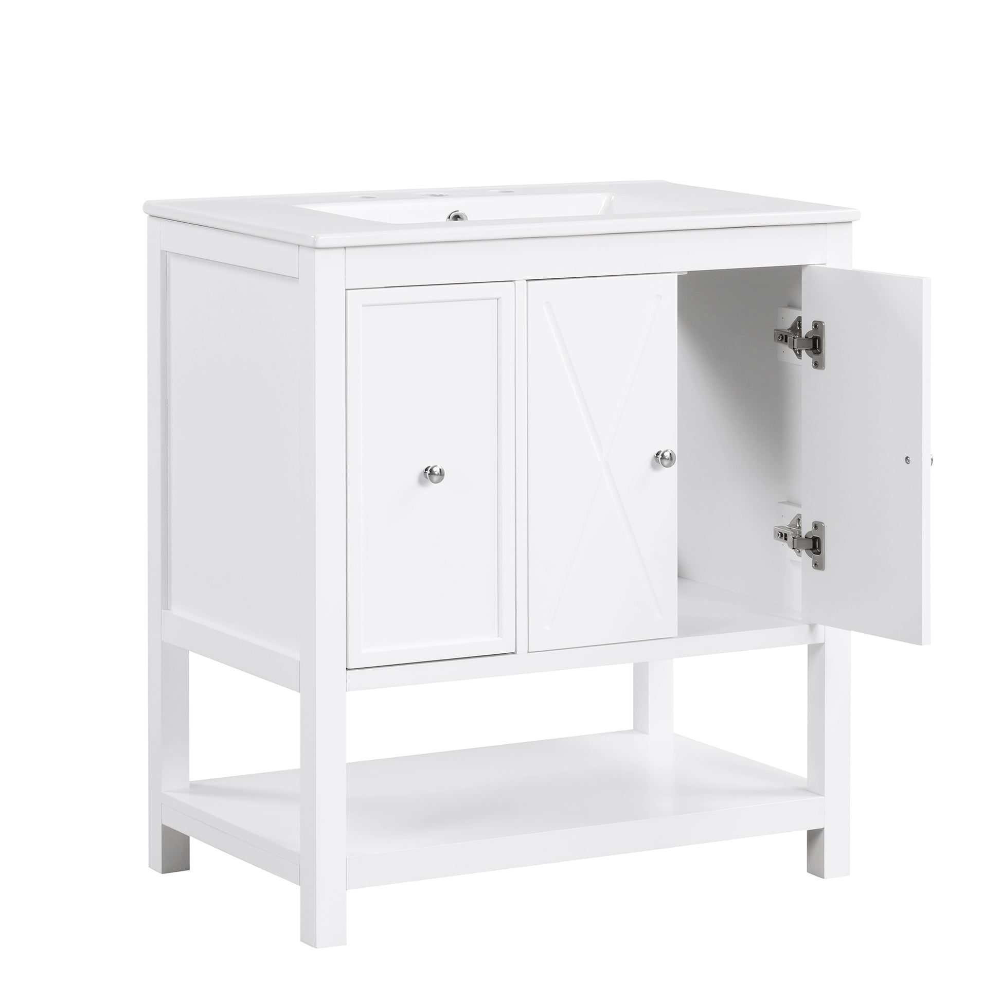 30" Bathroom Vanity With Sink Top, Bathroom Vanity Cabinet With Two Doors And One Drawer, Mdf Boards, Solid Wood, One Package, White White Solid Wood Mdf