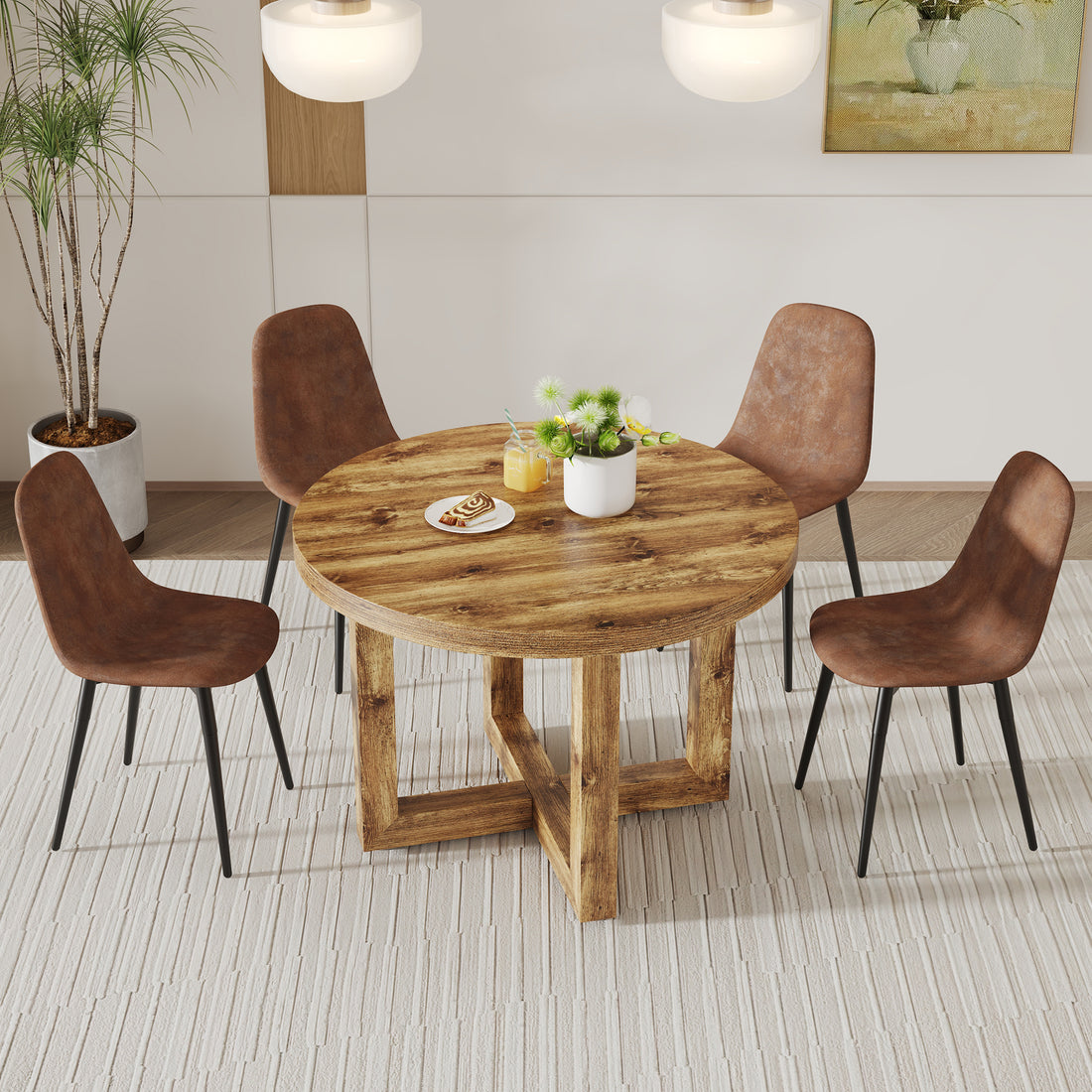 A Modern And Practical Circular Dining Table. Made Of Mdf Tabletop And Wooden Mdf Table Legs. A Set Of 4 Brown Cushioned Chairs.Ct 403B0501A Natural Wood Mdf