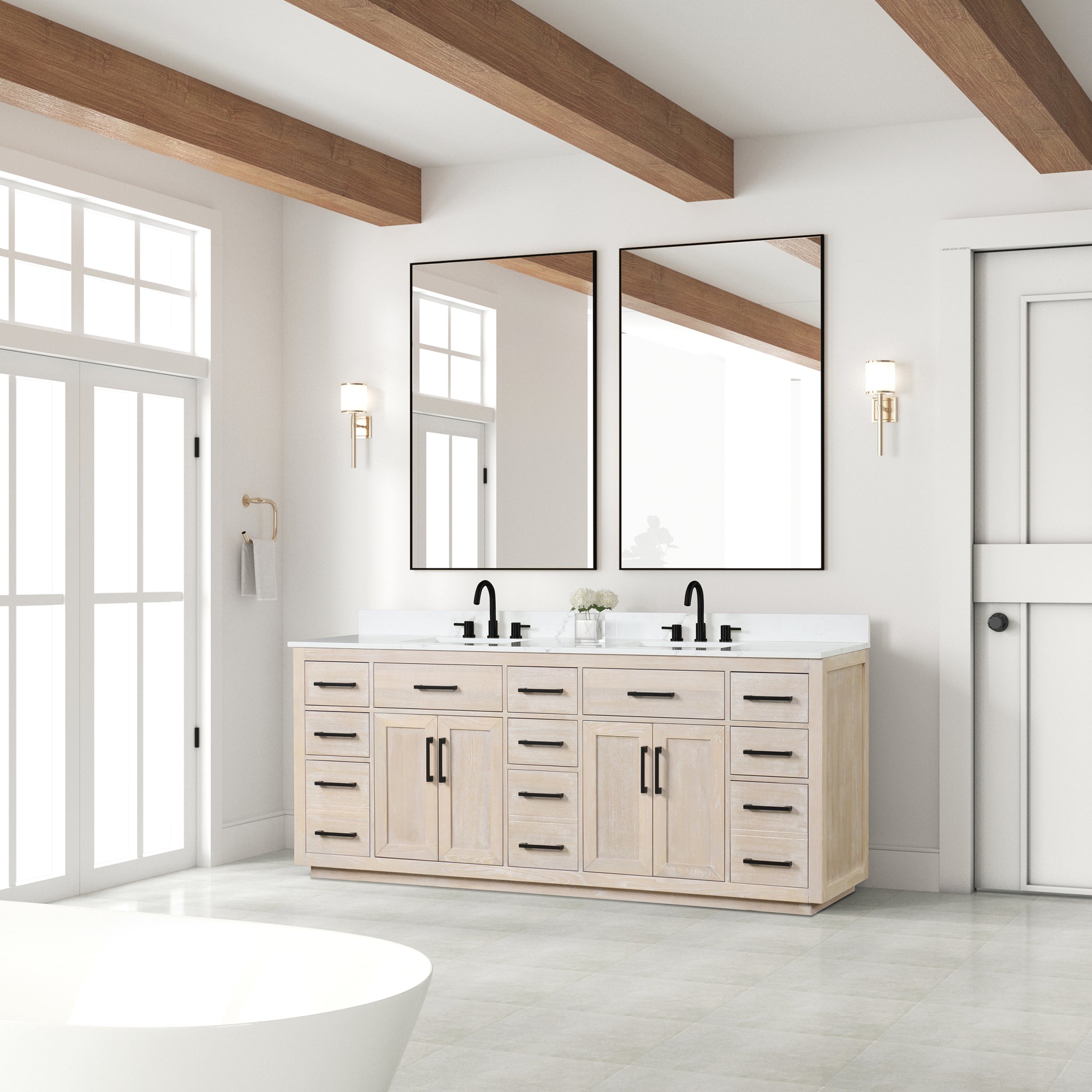 84" Bathroom Vanity With Double Sink, Modern Bathroom Vanity Set With Soft Close Cabinet And 9 Drawers, Solid Wood Bathroom Storage Cabinet With Countertop And Backsplash, Milk Oak Light Oak Bathroom Modern Solid Wood