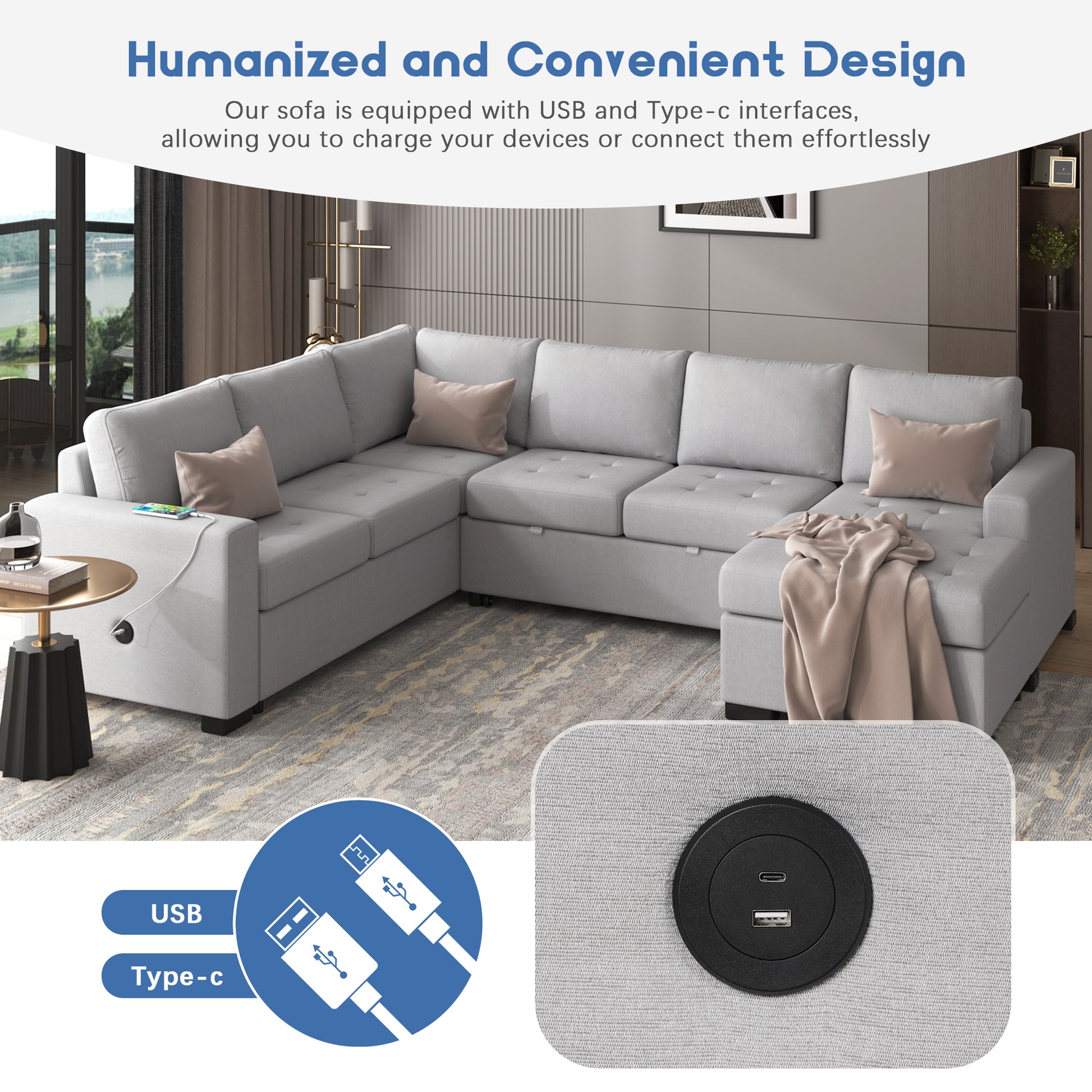 Sectional Sleeper Sofa With Pull Out Bed And Lounge Chair, Usb And Type C Interfaces, Suitable For Living Room, Office, And Spacious Spaces Gray Polyester