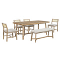 6 Piece Retro Farmhouse Style Dining Set, Rectangular Table And 4 Upholstered Chairs With Rattan And Bench For Dining Room And Kitchen Natural Wood Wash Natural Wood Wash Solid Wood Mdf