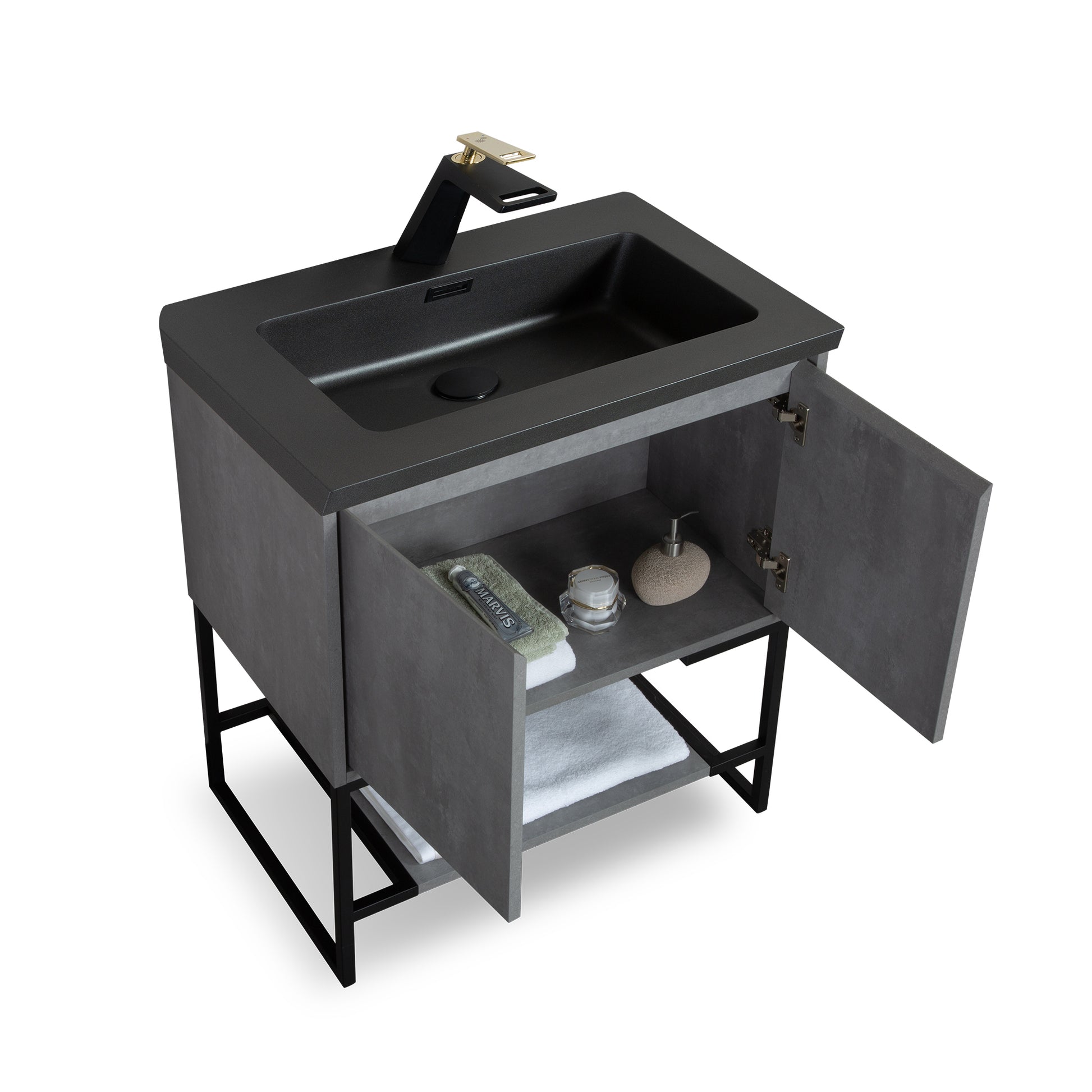 Tona 30" Bathroom Vanity With Sink, Modern Bathroom Vanity With Invisible Handle, Floor Mounted Vanity Set With Stainless Steel Frame Gray Resin