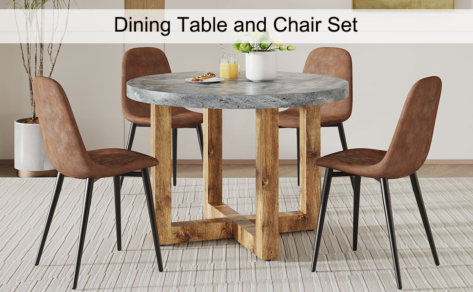 A Modern And Practical Circular Dining Table. Made Of Mdf Tabletop And Wooden Mdf Table Legs. A Set Of 4 Brown Cushioned Chairs.Ct 403B0501A Natural Wood Mdf