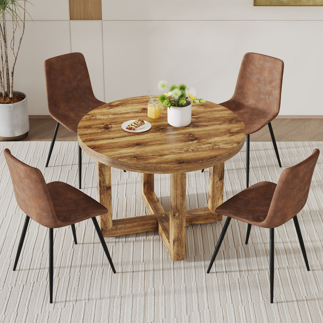 A Modern And Practical Circular Dining Table. Made Of Mdf Tabletop And Wooden Mdf Table Legs.A Set Of 4 Brown Cushioned Chairs In A Modern Medieval Style Restaurant. Ct 403B0502A Natural Wood Mdf