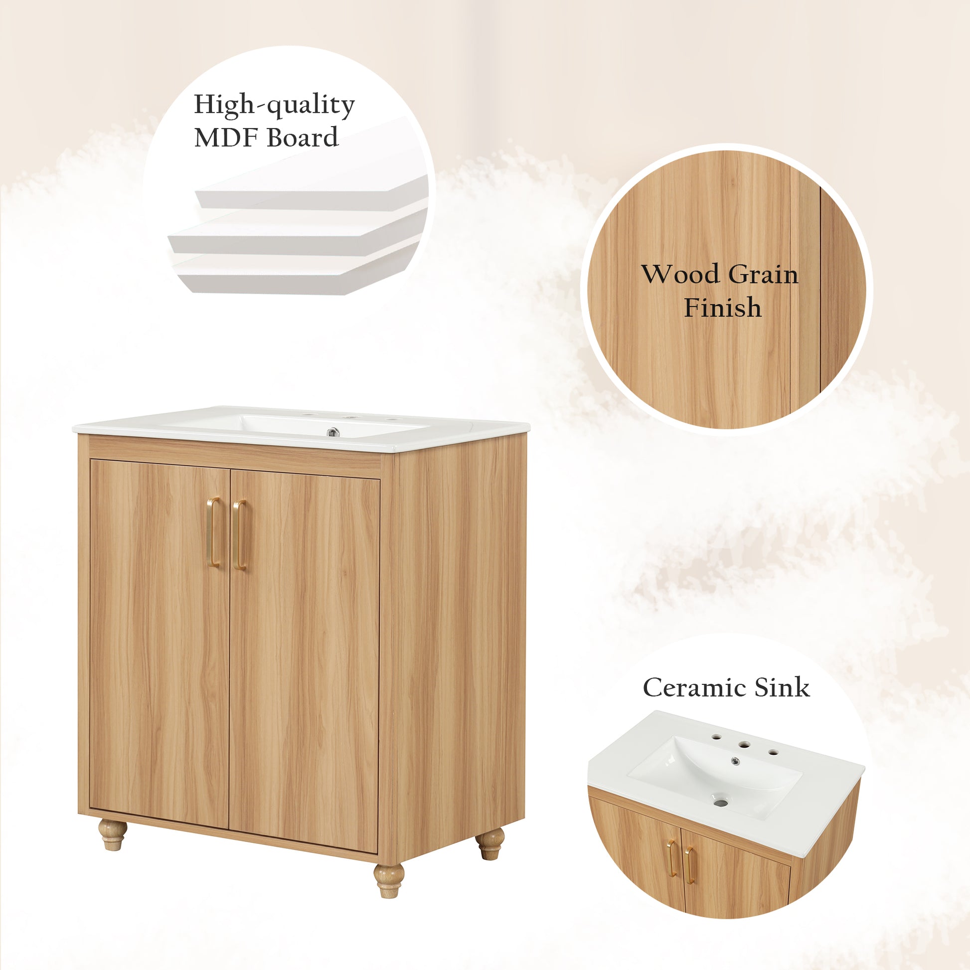 30" Bathroom Vanity With Sink Combo, Multi Functional Bathroom Cabinet With Doors And Drawer, Mdf Board, Natural Natural Solid Wood Mdf