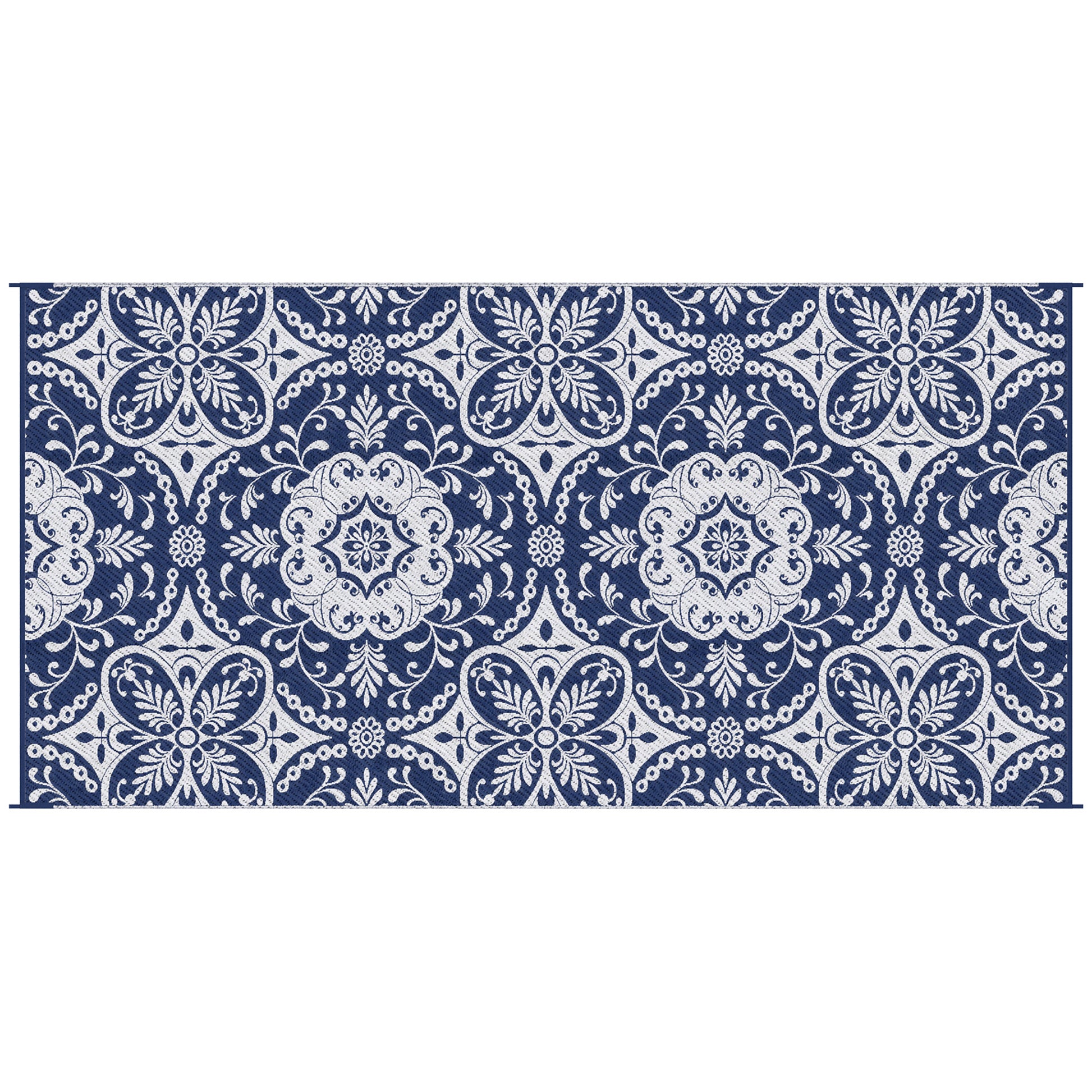 Outsunny Reversible Outdoor Rug Carpet, 9' X 18' Waterproof Plastic Straw Rug, Portable Rv Camping Rugs With Carry Bag, Large Floor Mat For Backyard, Deck, Picnic, Beach, Blue & White Floral Blue Polypropylene