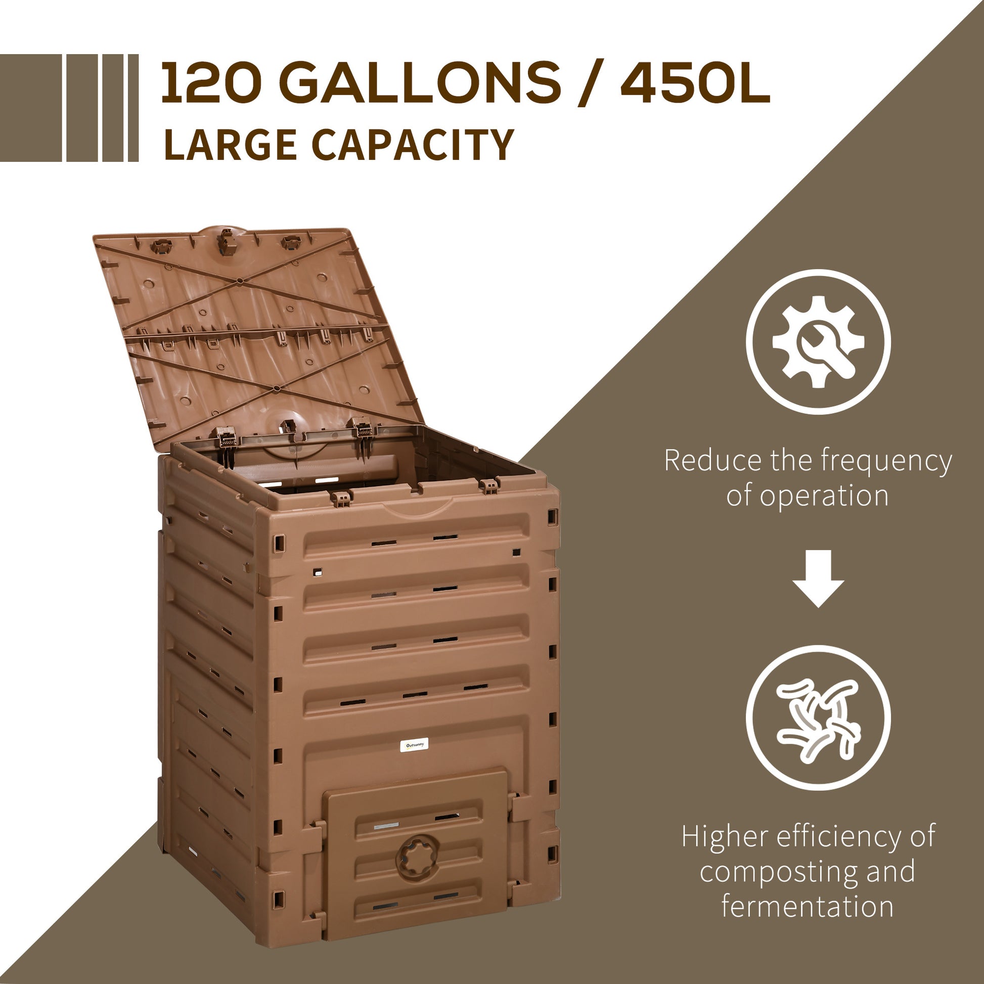 Outsunny Garden Compost Bin, 120 Gallon 450L Garden Composter, Bpa Free, With 80 Vents And 2 Sliding Doors, Lightweight & Sturdy, Fast Creation Of Fertile Soil, Brown Brown Polypropylene