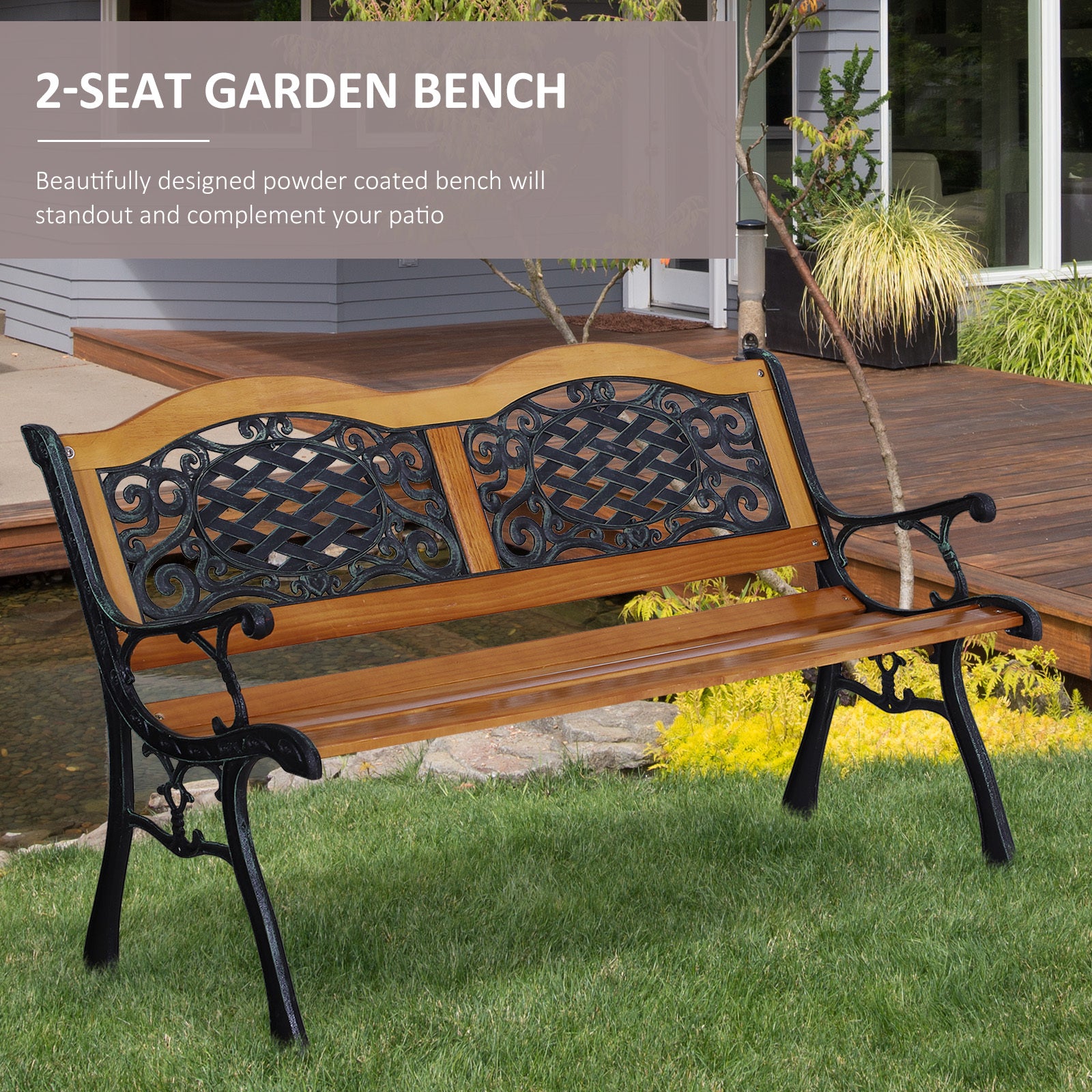 Outsunny 50" Outdoor Garden Bench, Patio Bench With Wood Seat, Porch Bench With Antique Like Flourishes For Backyard, Deck, Lawn, Outside Pool, Teak Natural Wood