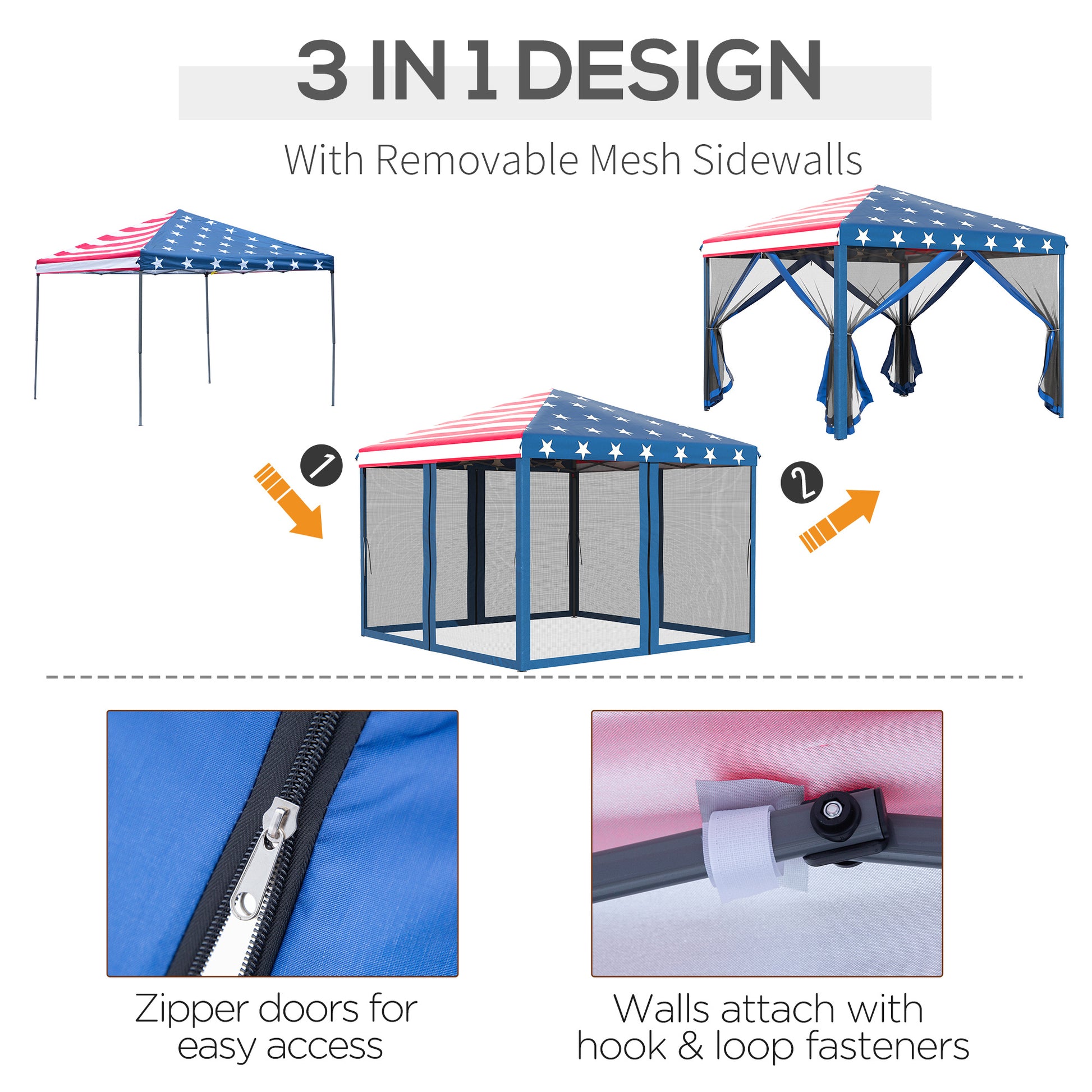 Outsunny 10' X 10' Pop Up Canopy Tent With Netting, Instant Gazebo, Ez Up Screen House Room With Carry Bag, Height Adjustable, For Outdoor, Garden, Patio, American Flag Blue Steel