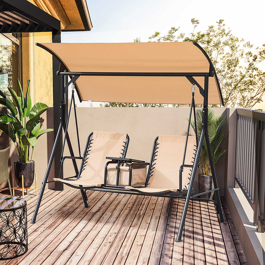 Outsunny 2 Seat Patio Swing Chair, Outdoor Canopy Swing Glider With Pivot Storage Table, Cup Holder, Adjustable Shade, Bungie Seat Suspension And Weather Resistant Steel Frame, Beige Beige Steel