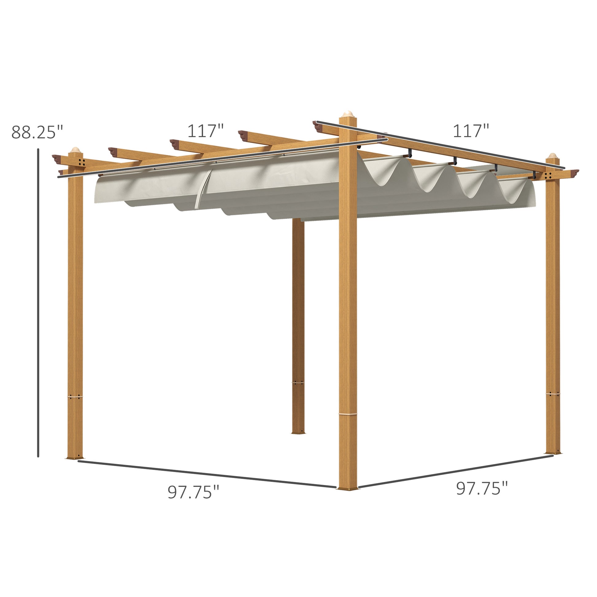 Outsunny 10' X 10' Retractable Pergola Canopy, Wood Grain Aluminum Pergola, Outdoor Sun Shade Shelter For Grill, Garden, Patio, Backyard, Deck, Cream White White Aluminum