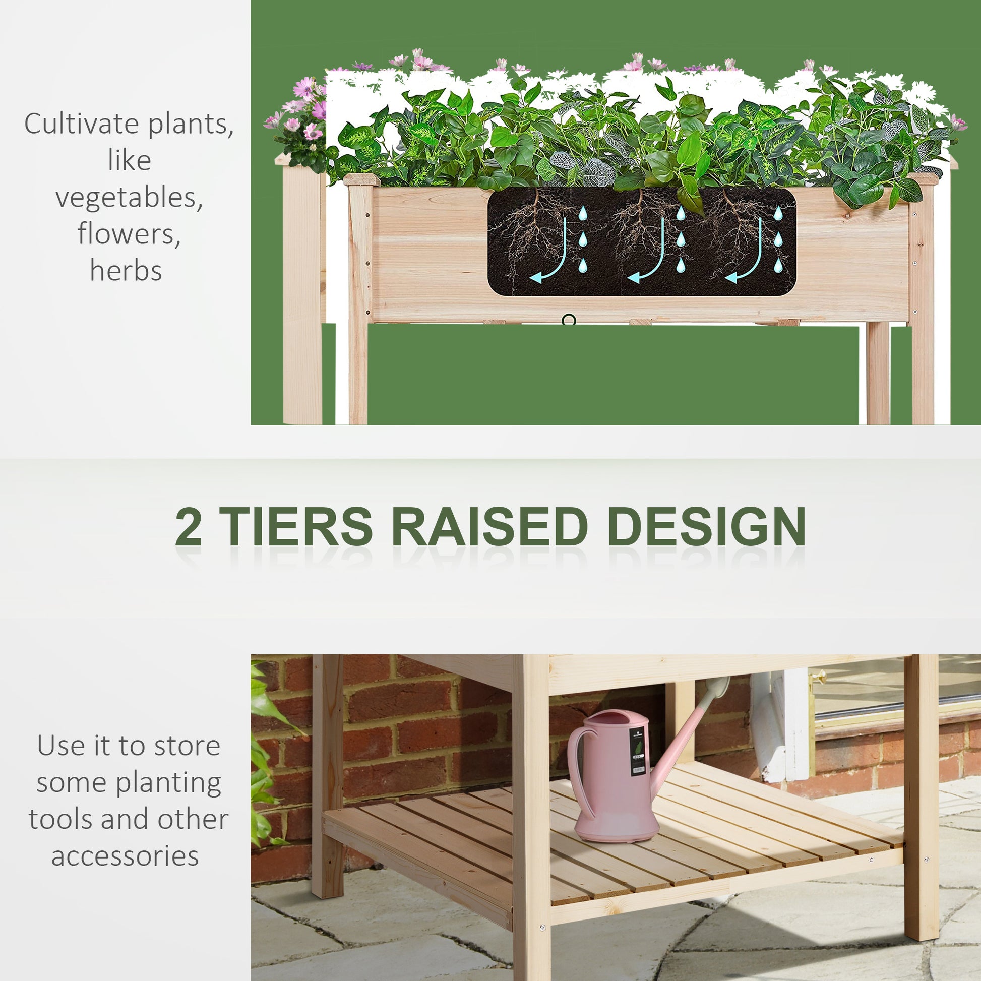 Outsunny 36'' X 36'' Raised Garden Bed With Storage Shelf, 2 Tiers Elevated Wooden Planter Box Stand For Vegetable Flower Herb, Patio, Balcony And Backyard Natural Wood