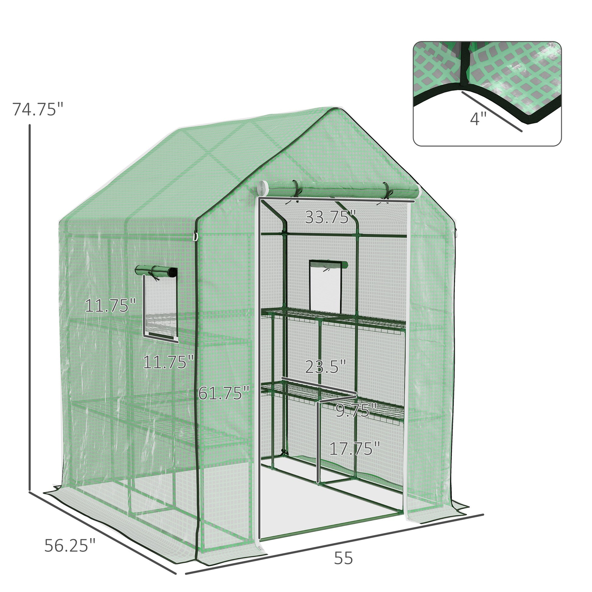 Outsunny 4.6' X 4.7' Portable Greenhouse, Water Uv Resistant Walk In Small Outdoor Greenhouse With 2 Tier U Shaped Flower Rack Shelves, Roll Up Door & Windows, Green Green Steel