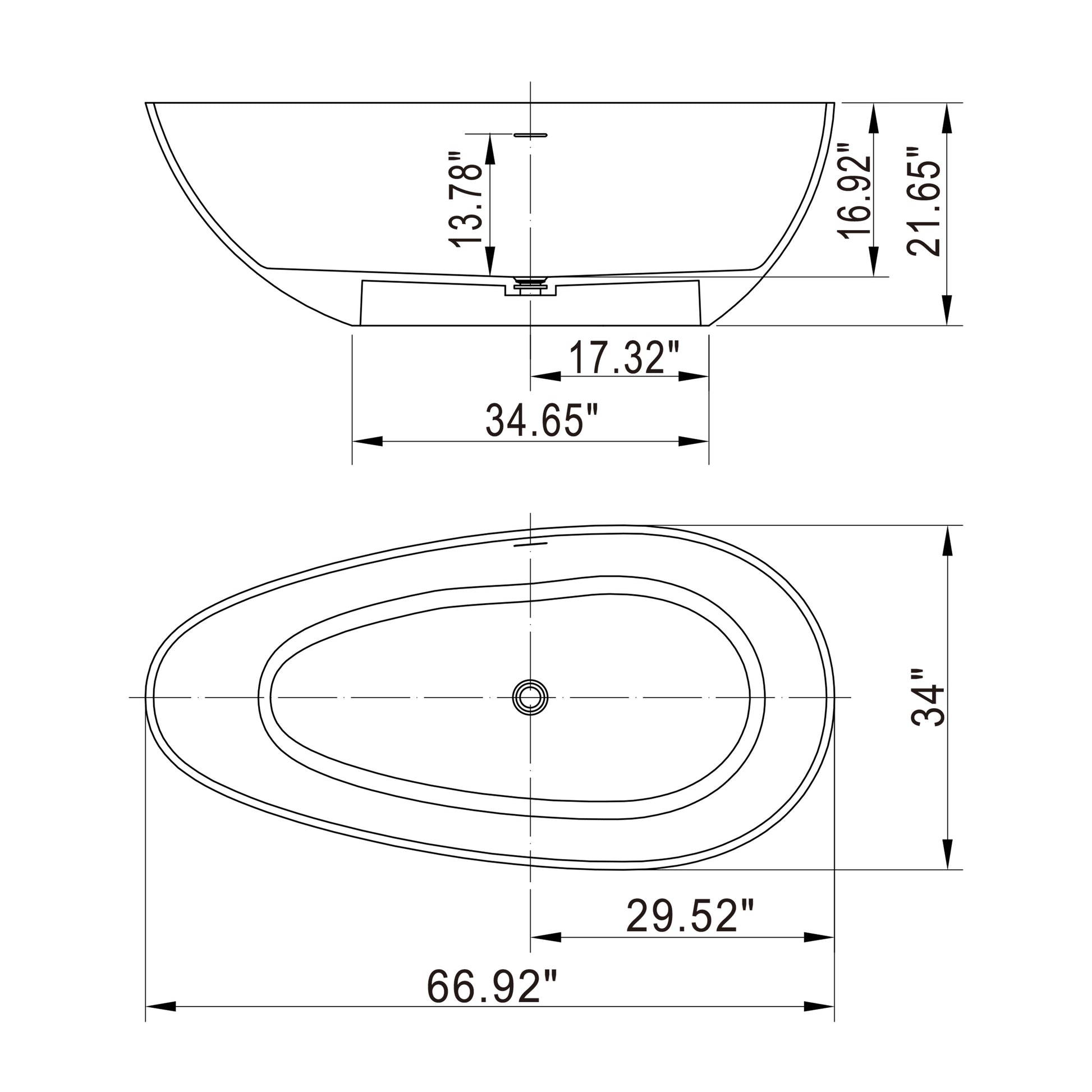 66.9 Inch Freestanding Solid Surface Soaking Bathtub For Bathroom Matte White Oval Bathroom Freestanding Tubs Matte 61 69 In Contemporary,Luxury,Minimalist,Modern Soaking Center Solid Surface