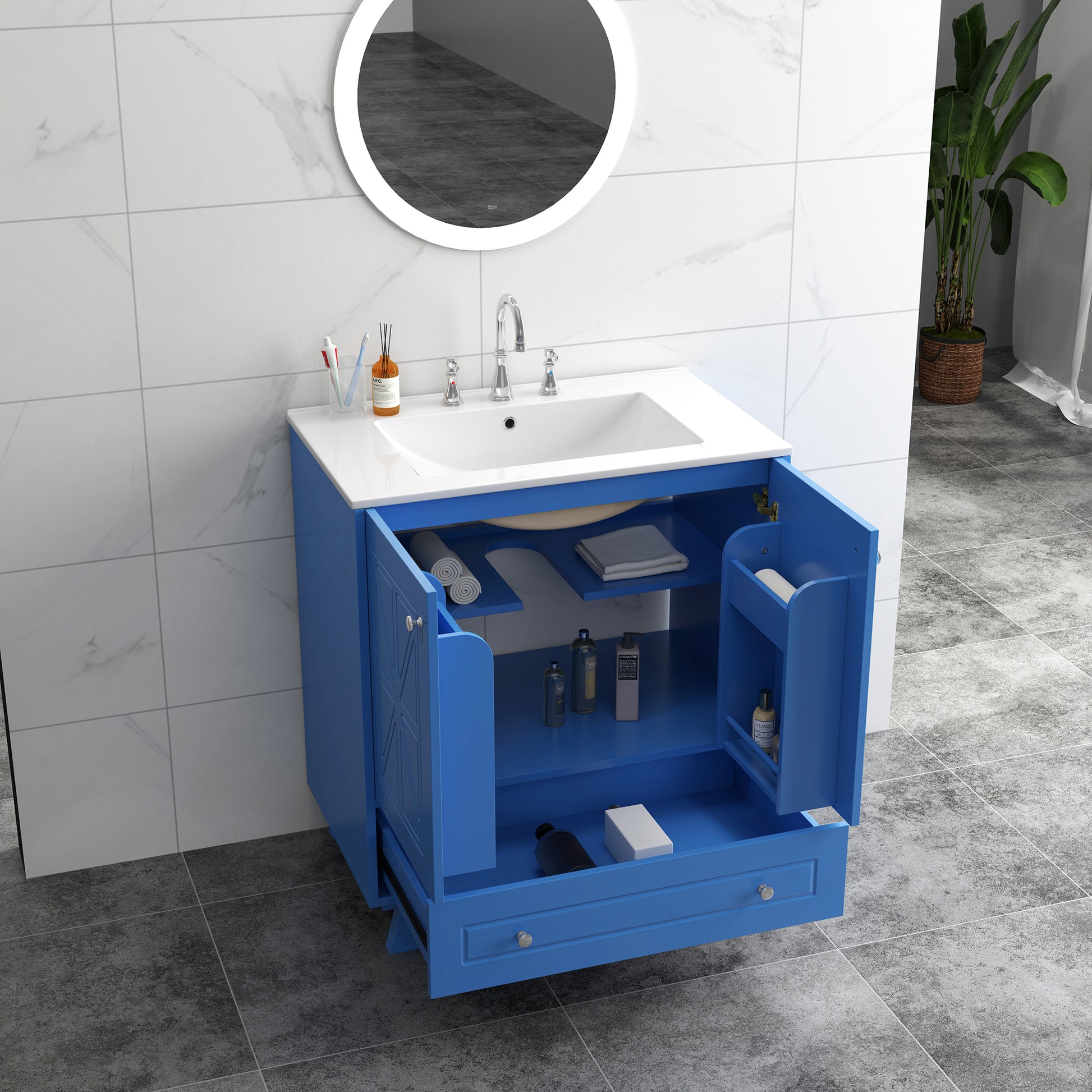 Bathroom Vanity Blue Solid Wood Mdf