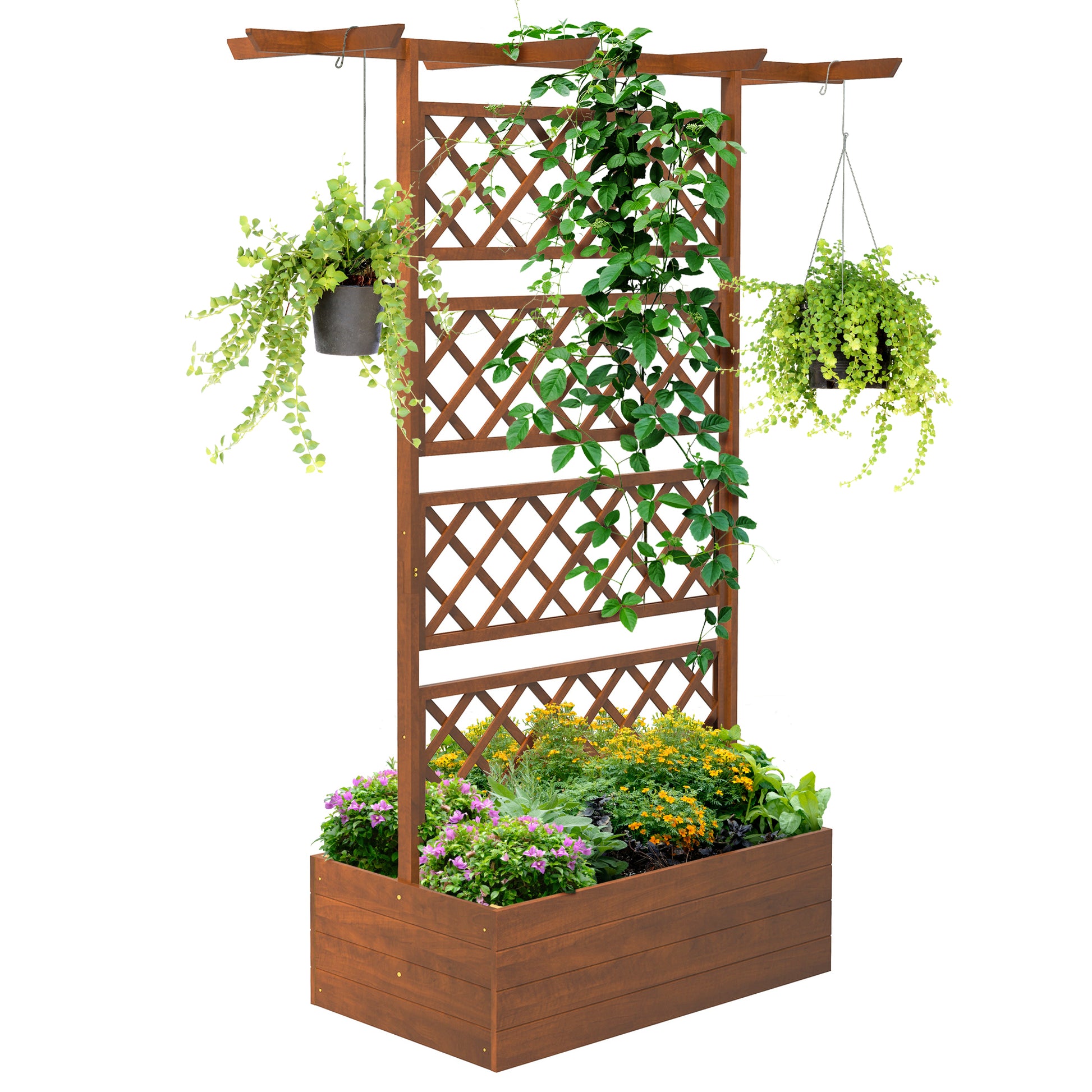 Outsunny Wood Planter With Trellis, Raised Garden Bed Privacy Screen Planter Box For Climbing Plants, Vines, Vegetables, Flowers Orange Wood