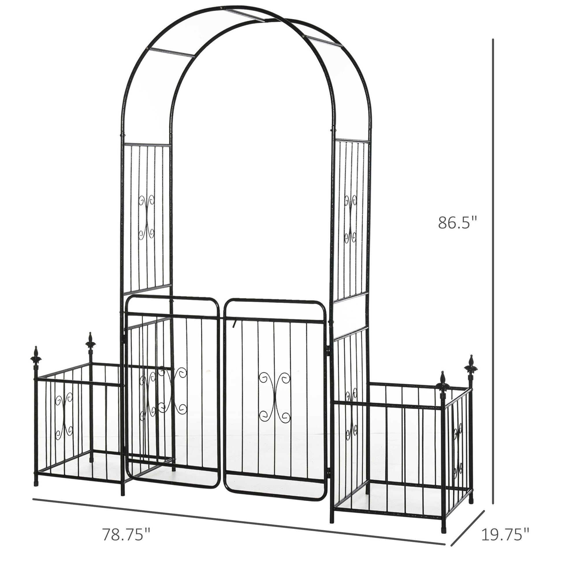 Outsunny 86" Garden Arbor Arch Gate With Trellis Sides For Climbing Plants, Wedding Ceremony Decorations, Grape Vines With Locking Doors, Planter Baskets, Flourishes & Arrow Tips, Black Black Metal