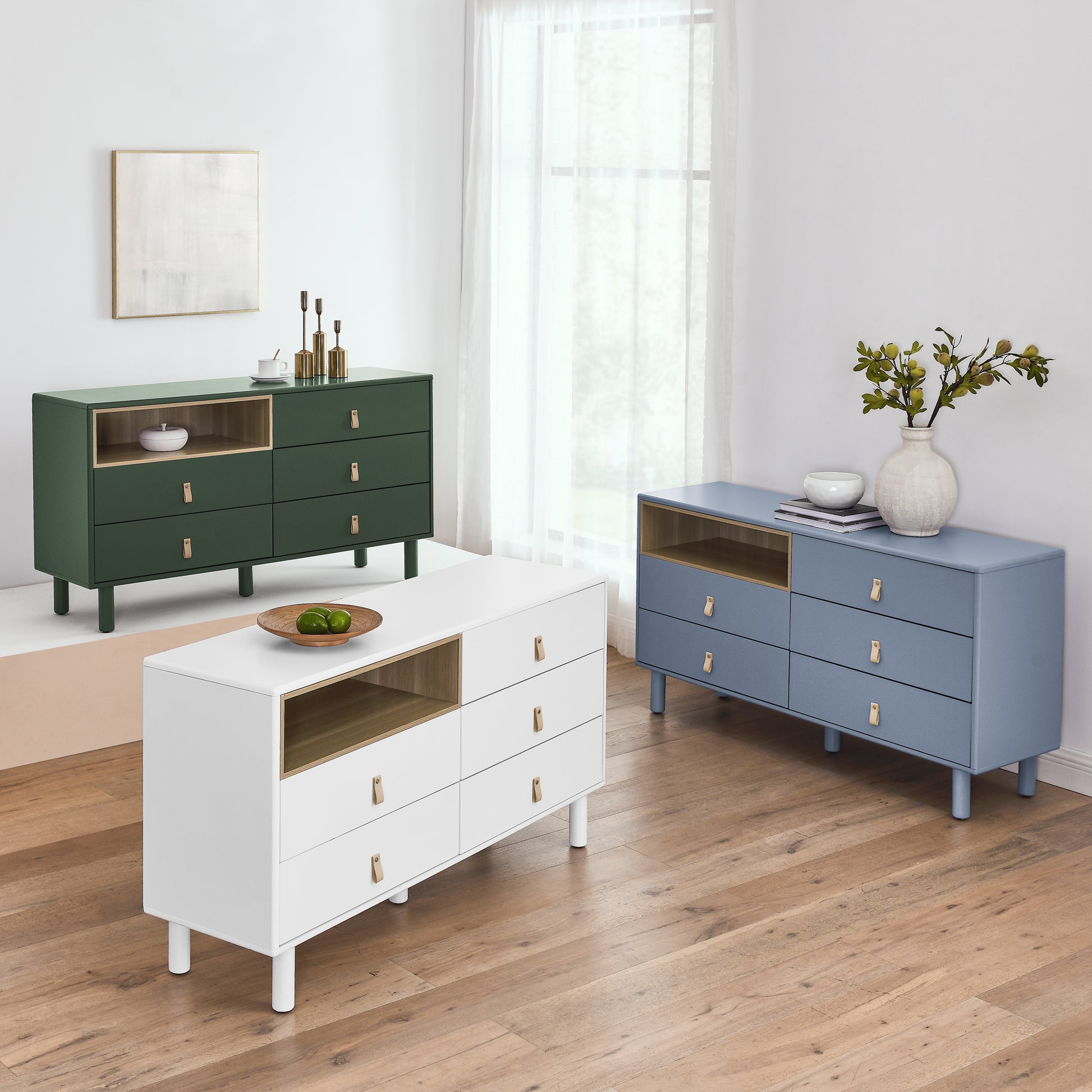 With 5 Drawers Storage Cabinet Drawer Cabinet Multifunctional Storage Cabinet Modern Drawer Cabinet Wooden Storage Cabinet Leather Handle Drawer Cabinet Home Storage Cabinet Office Cabinet Blue Solid Wood Mdf