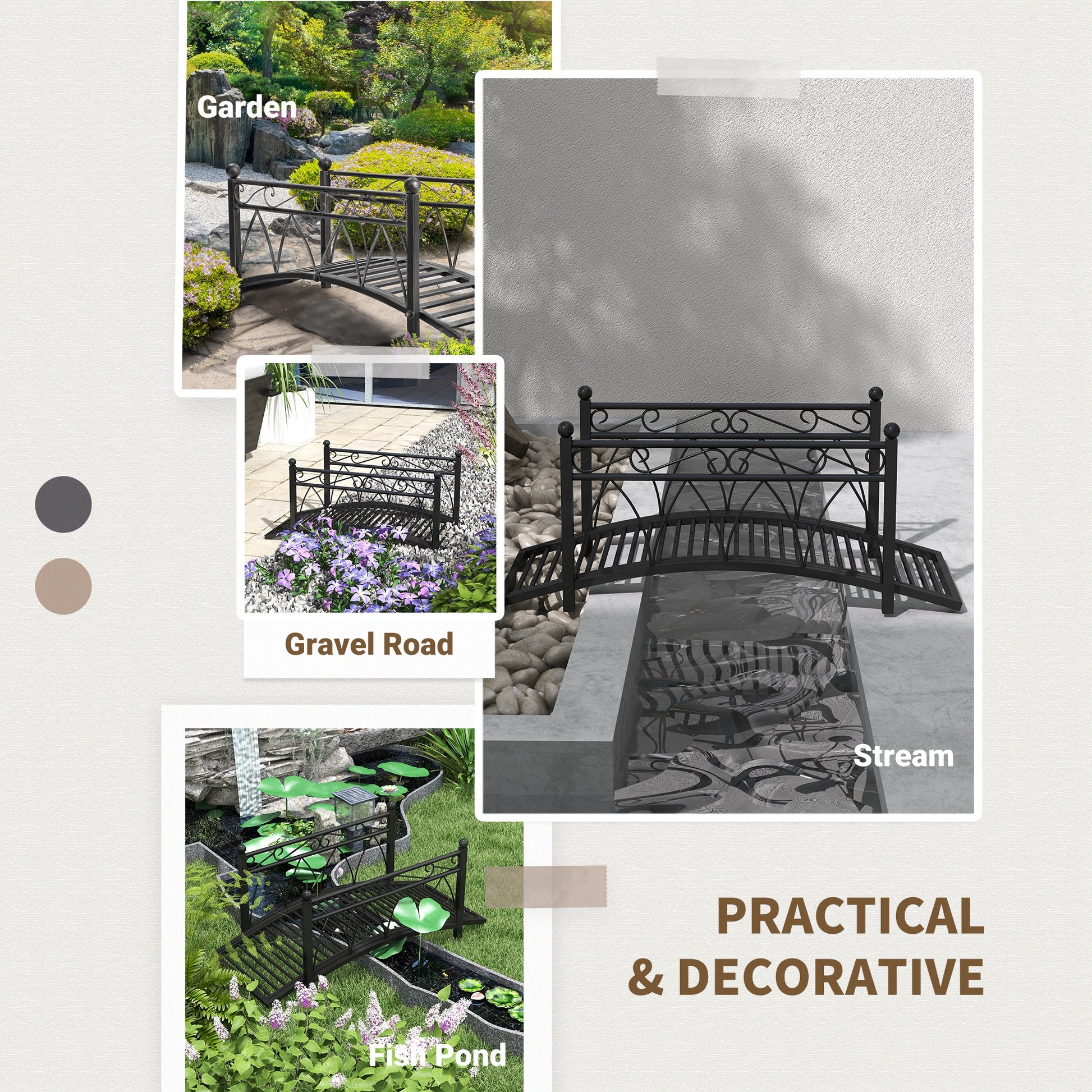 Outsunny 3.3' Metal Arch Zen Garden Bridge With Safety Siderails, Decorative Footbridge, Delicate Scrollwork & Corner Spheres For Stream, Fish Pond, Black Black Steel