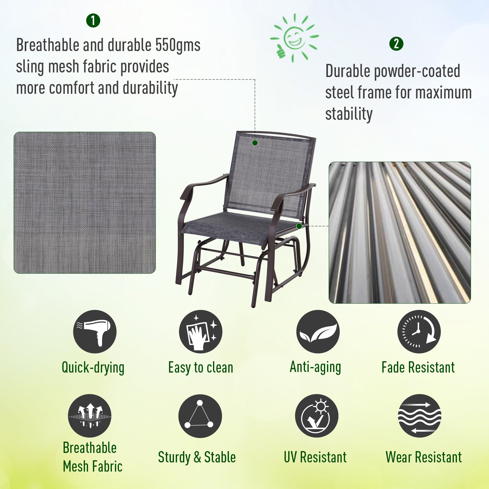 Outsunny 3 Piece Outdoor Glider Chair With Coffee Table Bistro Set, 2 Patio Rocking Swing Chairs Withsling Fabric, Glass Tabletop, For Backyard, Garden And Porch, Gray Gray Steel