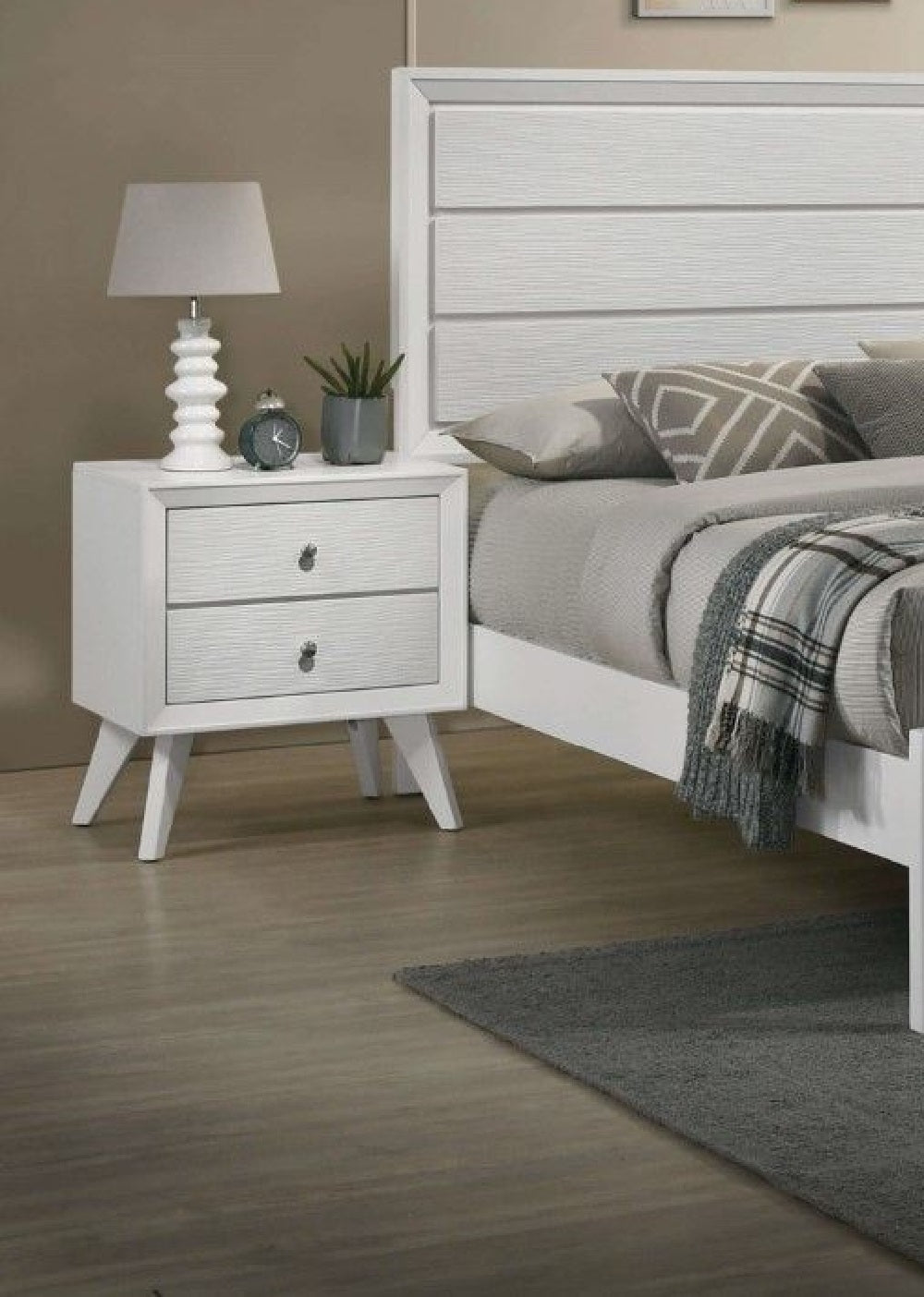 Contemporary White Color 1Pc Nightstand Bedroom Furniture Solid Wood Wave Texture 2 Drawers Bedside Table Bronze Round Knobs White White 2 Drawers Bedroom Bedside Cabinet Classic,Contemporary,Modern Rubberwood Drawers Solid Wood