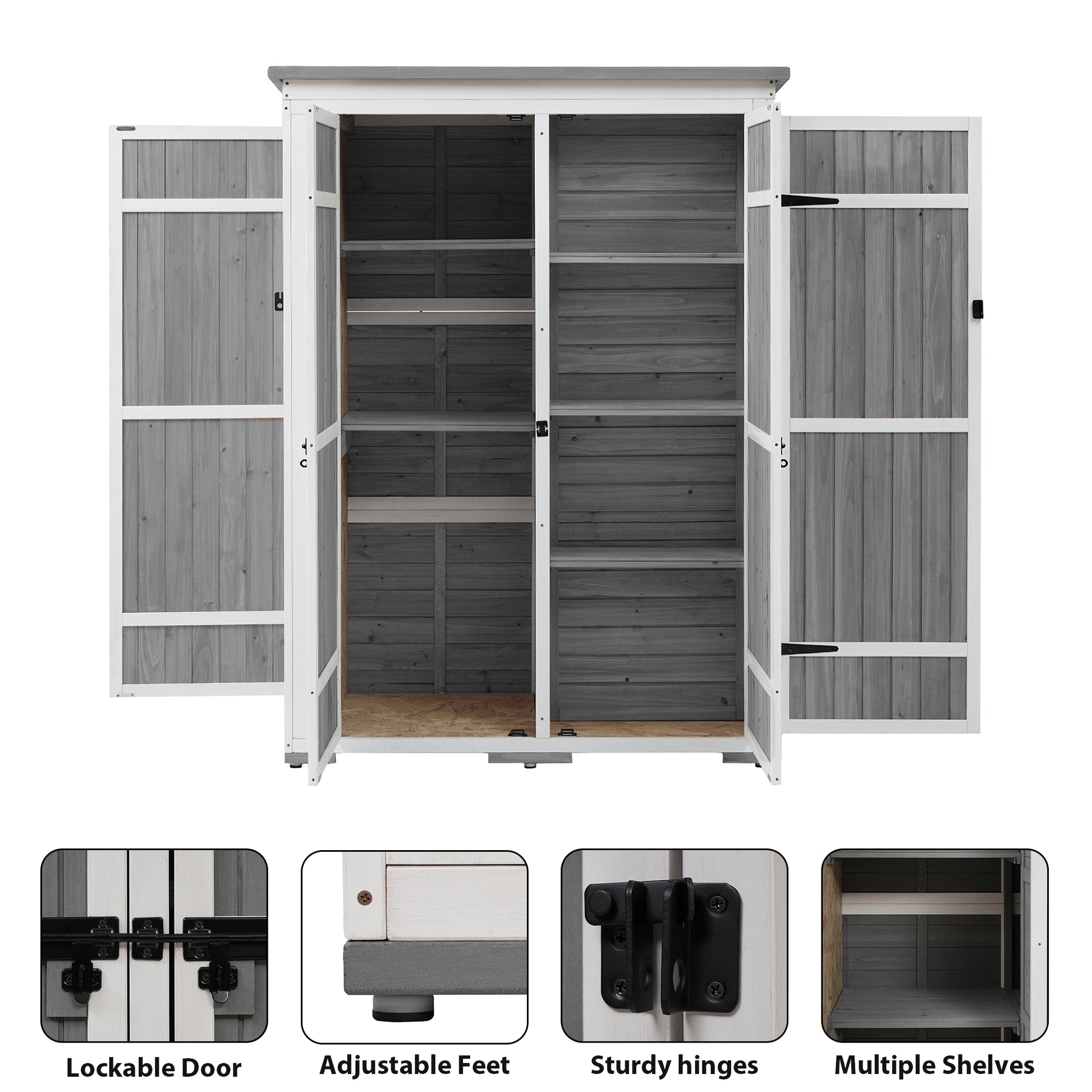 Outdoor 5.5Ft Hx4.1Ft L Wood Storage Shed, Garden Tool Cabinet With Waterproof Asphalt Roof, Four Lockable Doors, Multiple Tier Shelves, White And Gray White Gray Water Resistant Frame Garden &