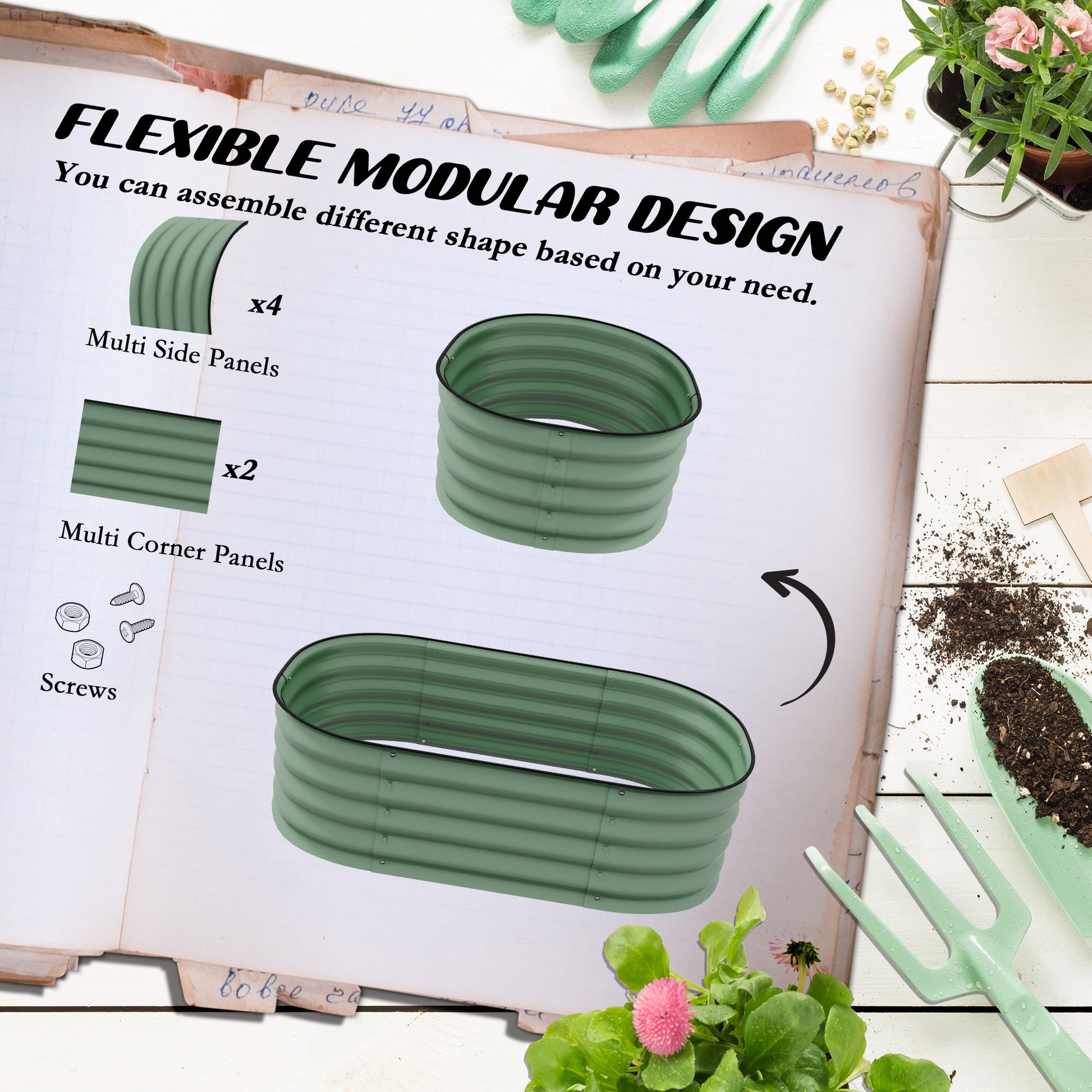 Outsunny 3.4' X 2' X 1' Galvanized Raised Garden Bed Kit, Outdoor Metal Elevated Planter Box With Safety Edging, Easy Diy Stock Tank For Growing Flowers, Herbs & Vegetables, Green Green Steel