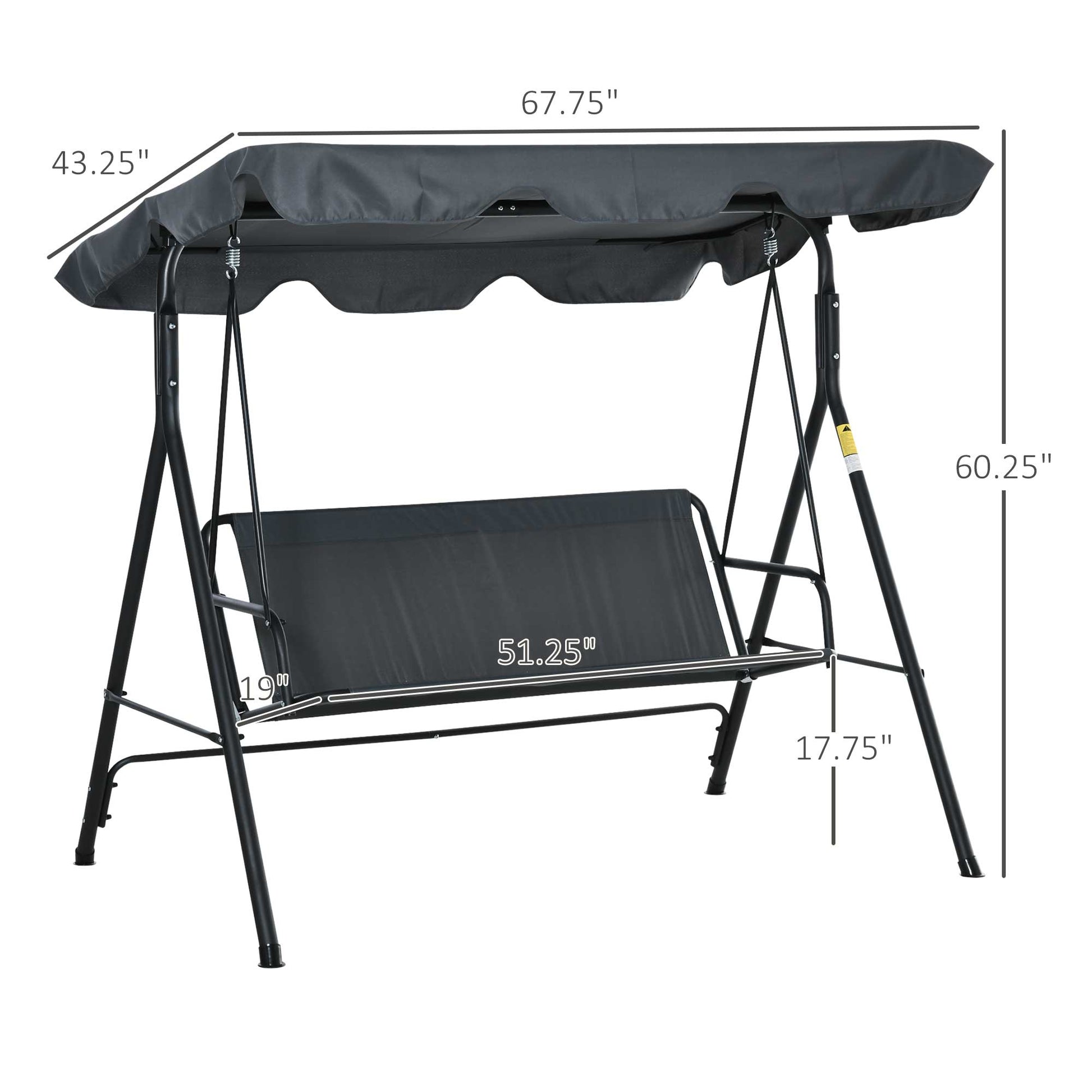 Outsunny 3 Person Porch Swing With Stand, Outdoor Swing For Patio Porch With Adjustable Tilt Canopy & Comfortable Swing Bench Style Seat, Steel Frame, Grey Gray Steel