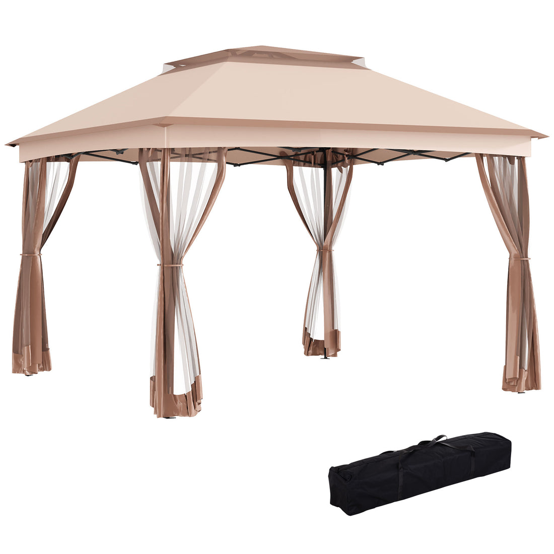 Outsunny 11' X 11' Pop Up Canopy, Outdoor Patio Gazebo Shelter With Removable Zipper Netting, Instant Event Tent W 114 Square Feet Of Shade And Carry Bag For Backyard, Garden, Khaki Brown Metal