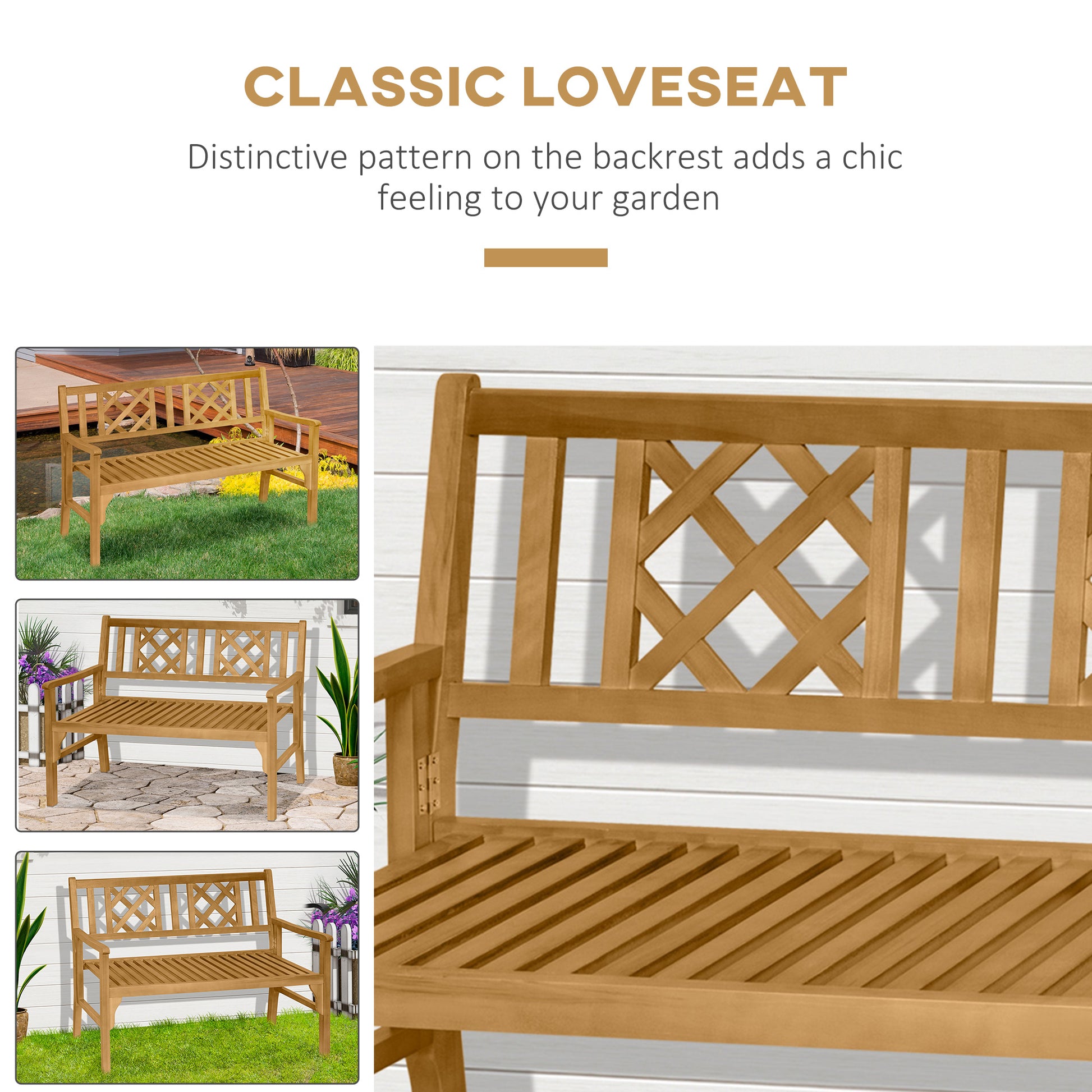 Outsunny 4Ft Wooden Outdoor Garden Bench For 2, Portable Folding Loveseat 2 Seater Chair With Backrest, Armrests And Slat Seat, Natural Yellow Wood