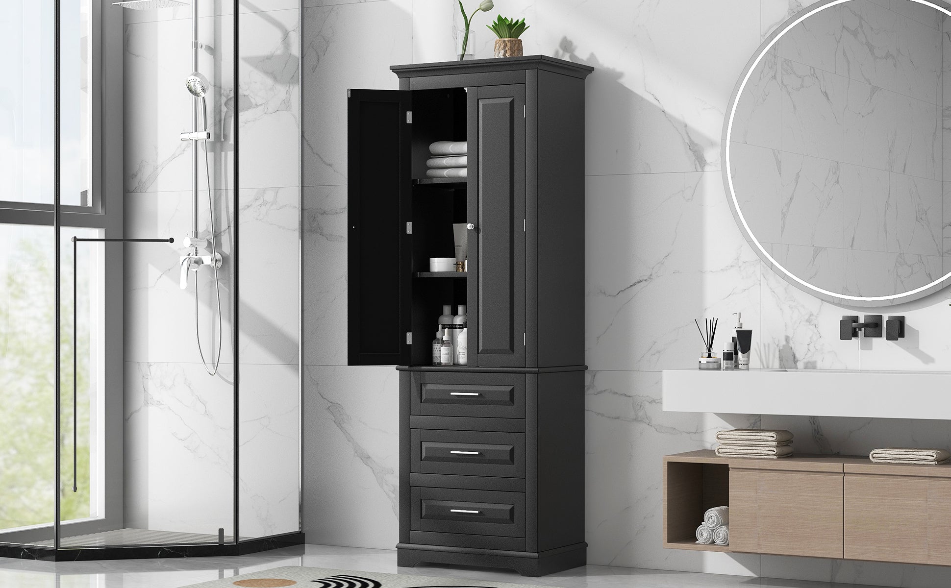 Tall Storage Cabinet With Three Drawers For Bathroom Office, Black Black Mdf