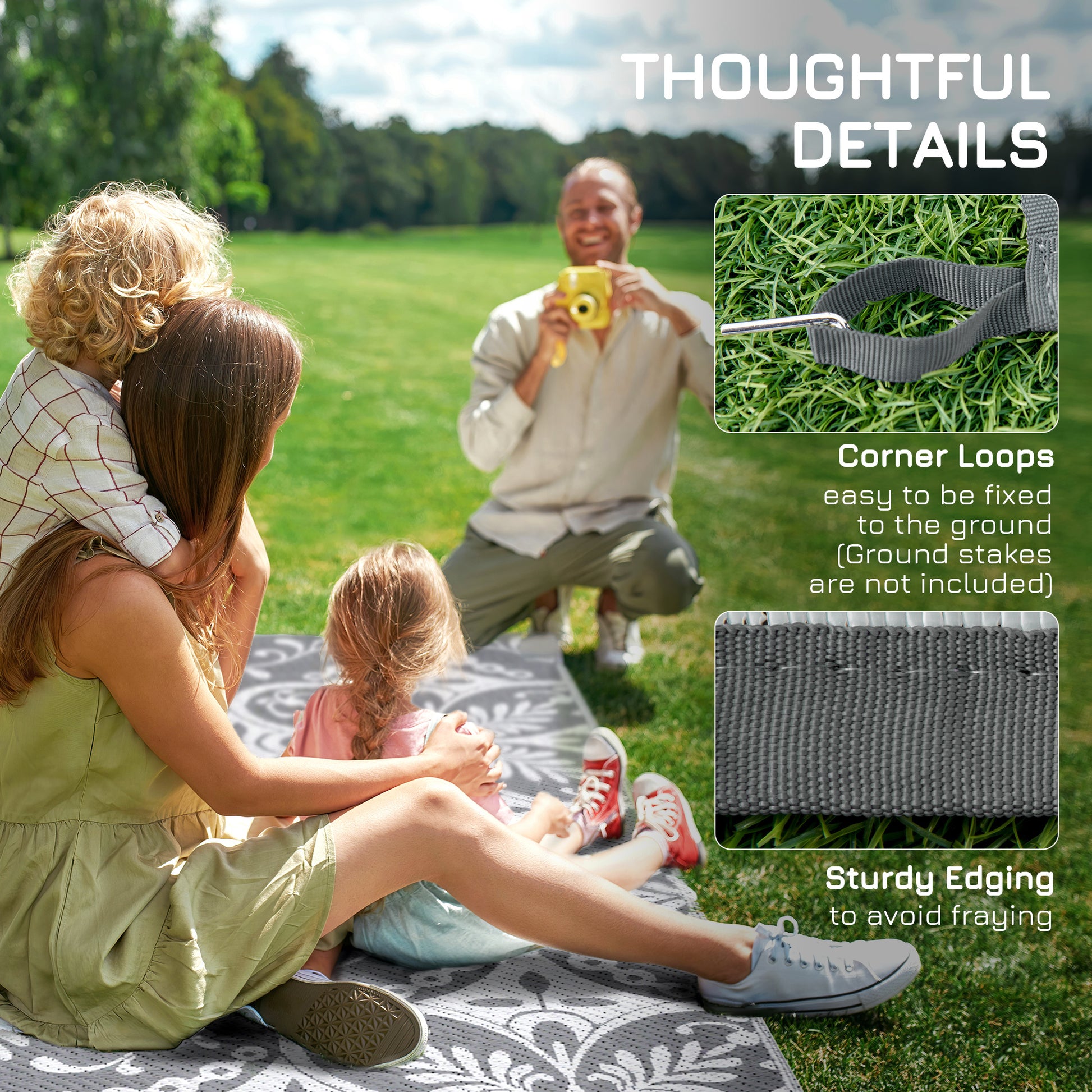 Outsunny Reversible Outdoor Rug Carpet, 9' X 12' Waterproof Plastic Straw Rug, Portable Rv Camping Rugs With Carry Bag, Large Floor Mat For Backyard, Deck, Picnic, Beach, Gray & White Floral Gray Polypropylene