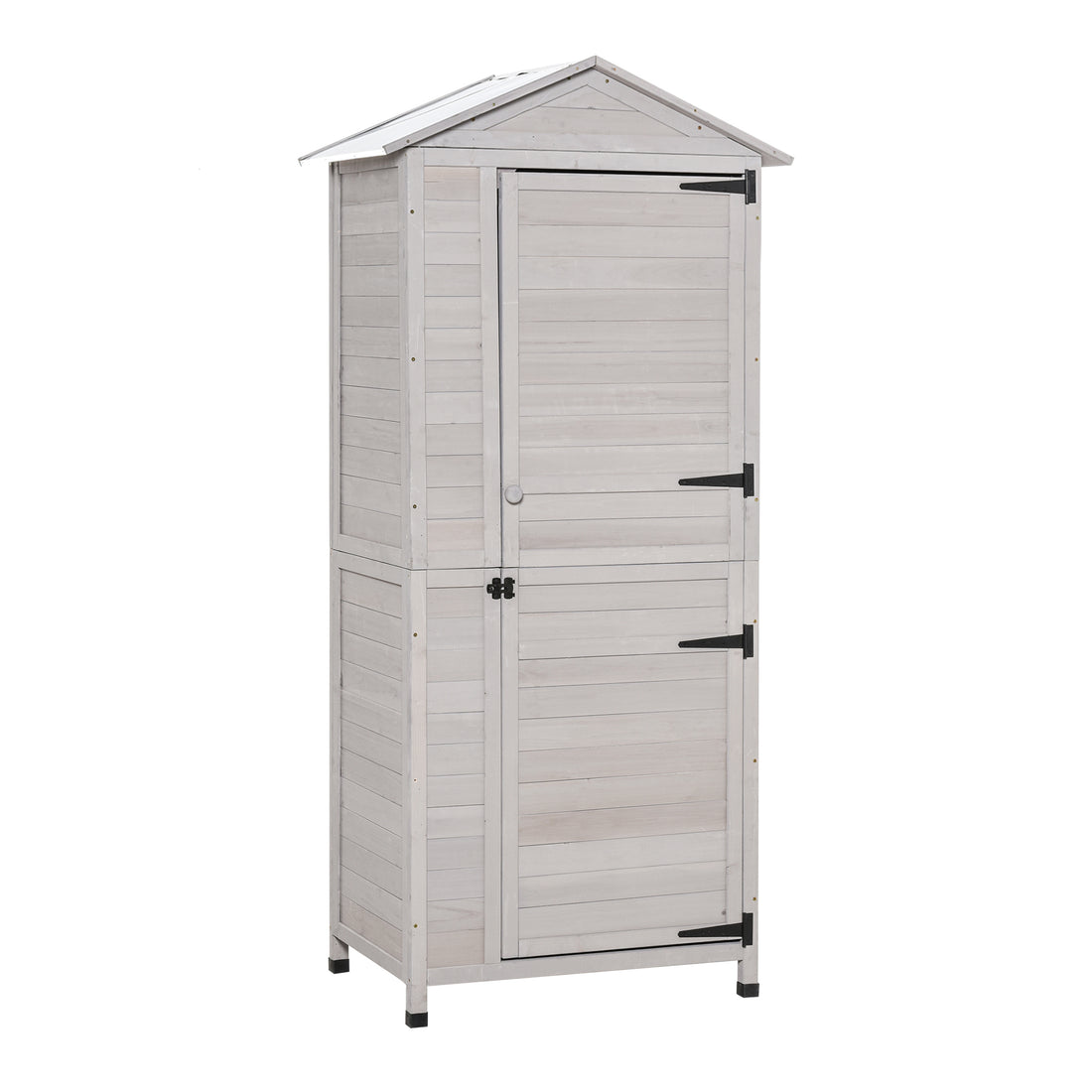 Outsunny 36" X 25" X 79" Wooden Storage Shed Cabinet, Outdoor Tool Shed Organizer With 4 Tier, 3 Shelves With Handle Tin Roof Magnetic Latch Foot Pad, Light Grey Gray Wood