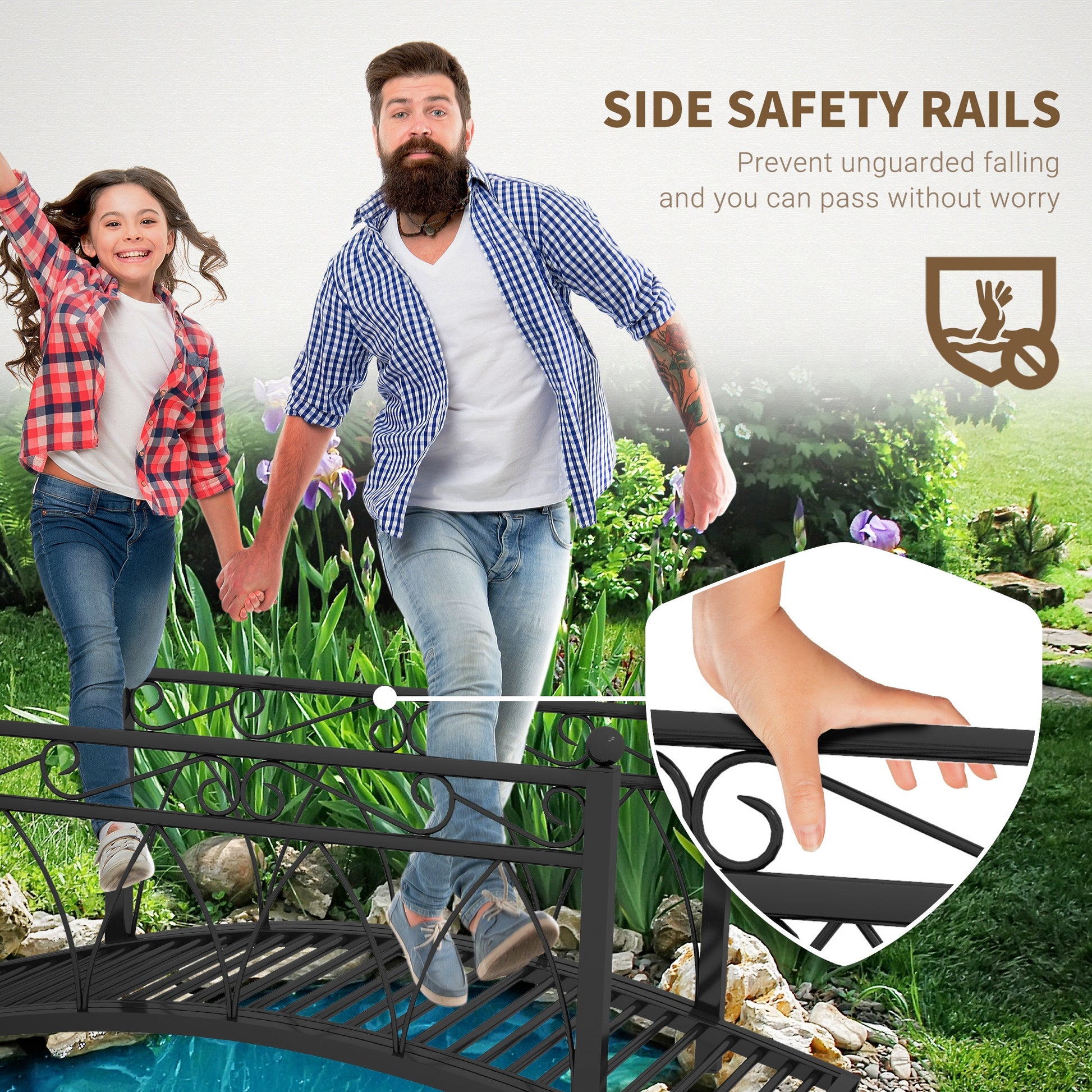 Outsunny 3.3' Metal Arch Zen Garden Bridge With Safety Siderails, Decorative Footbridge, Delicate Scrollwork & Corner Spheres For Stream, Fish Pond, Black Black Steel