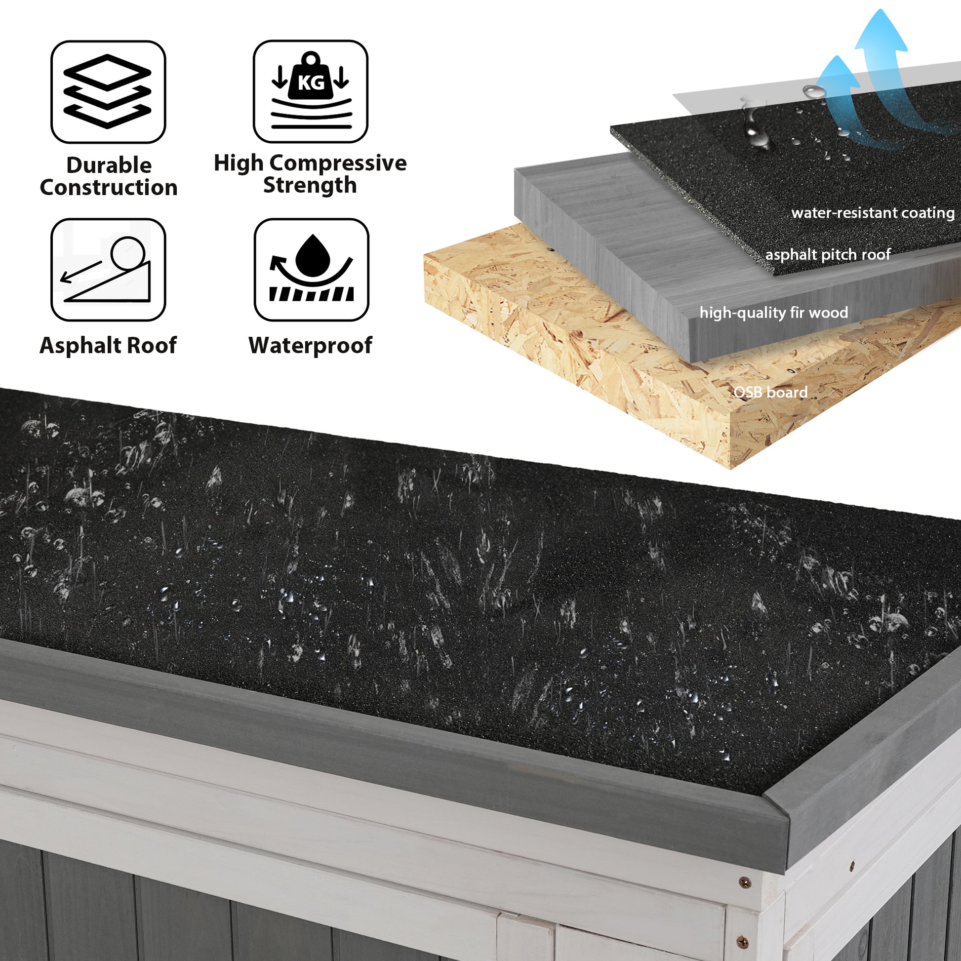 Outdoor 5.5Ft Hx4.1Ft L Wood Storage Shed, Garden Tool Cabinet With Waterproof Asphalt Roof, Four Lockable Doors, Multiple Tier Shelves, White And Gray White Gray Water Resistant Frame Garden &