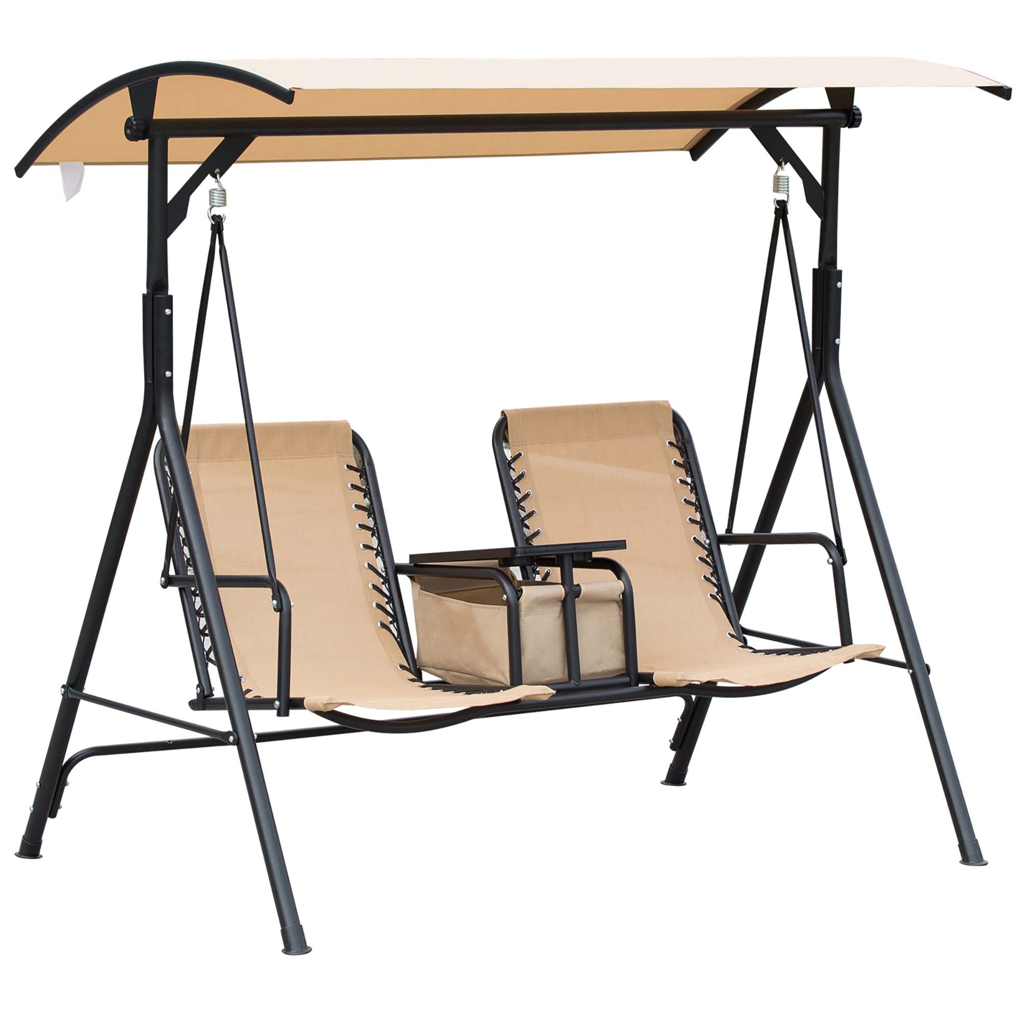 Outsunny 2 Seat Patio Swing Chair, Outdoor Canopy Swing Glider With Pivot Storage Table, Cup Holder, Adjustable Shade, Bungie Seat Suspension And Weather Resistant Steel Frame, Beige Beige Steel