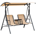 Outsunny 2 Seat Patio Swing Chair, Outdoor Canopy Swing Glider With Pivot Storage Table, Cup Holder, Adjustable Shade, Bungie Seat Suspension And Weather Resistant Steel Frame, Beige Beige Steel