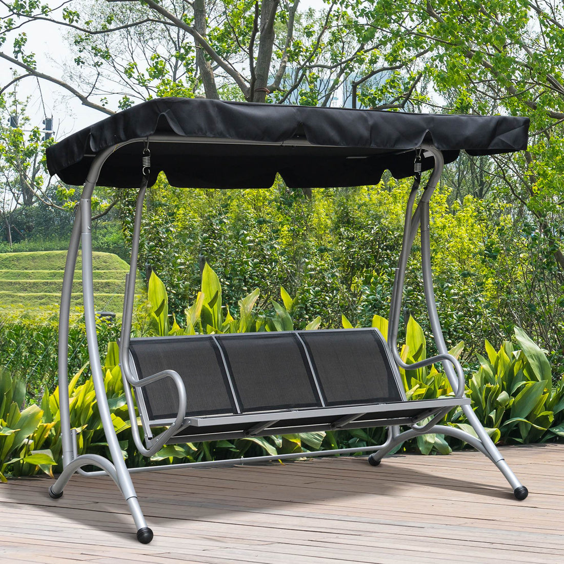 Outsunny 3 Seat Patio Swing Chair, Outdoor Canopy Swing With Stand, Adjustable Shade, Steel Frame For Adults, Garden, Poolside, Black Black Steel