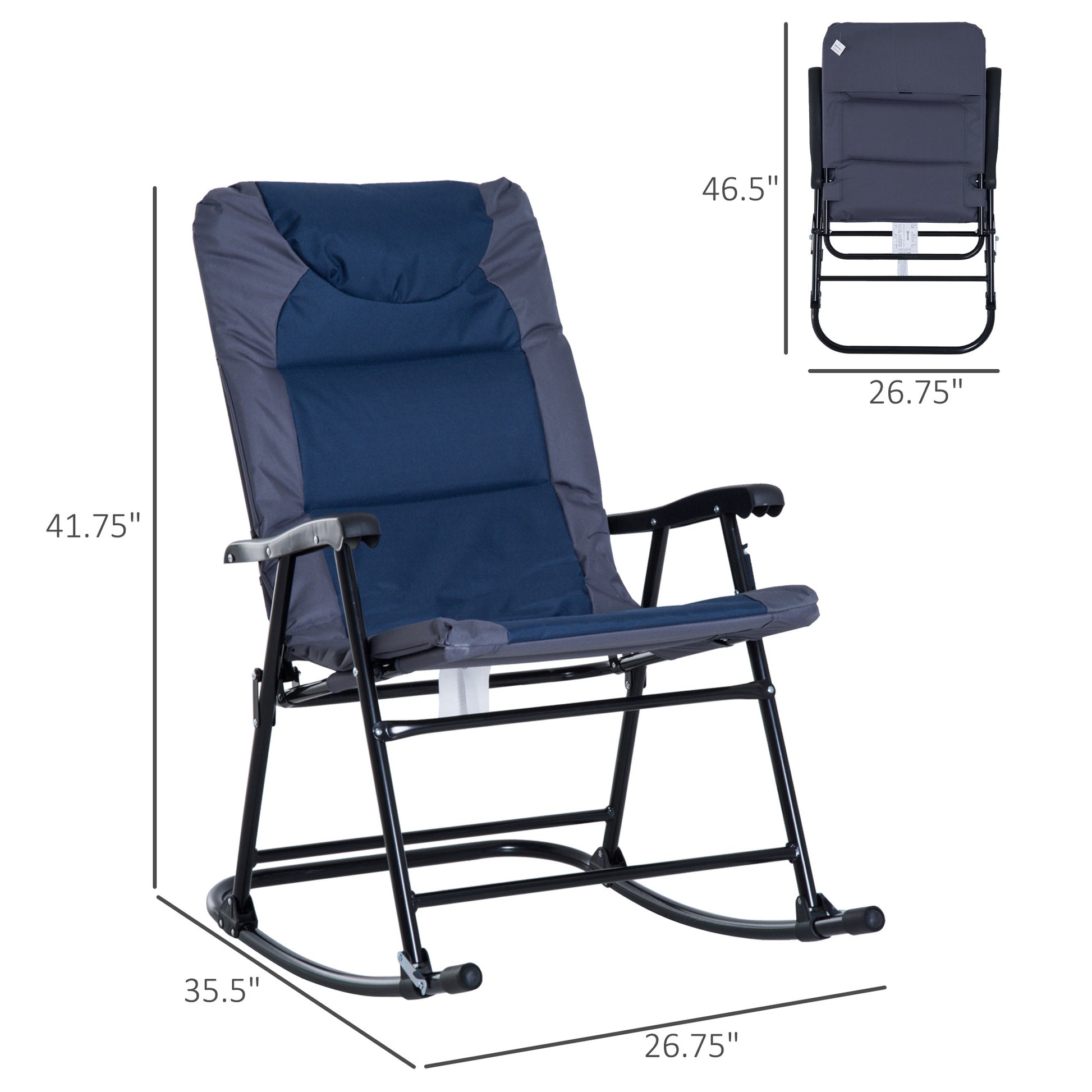 Outsunny 2 Piece Outdoor Rocking Chair Set, Patio Furniture Set With Folding Design, Armrests For Porch, Camping, Balcony, Navy Blue Blue Steel